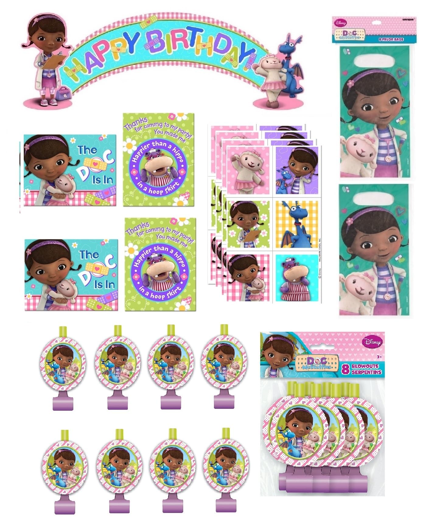 Doc McStuffins Party Supplies Deluxe Bundle includes 1 Hppy Birthday Banner, 16 Loot Bags, 16 Party Blowouts, 16 Party Invitations, 24 Stickers