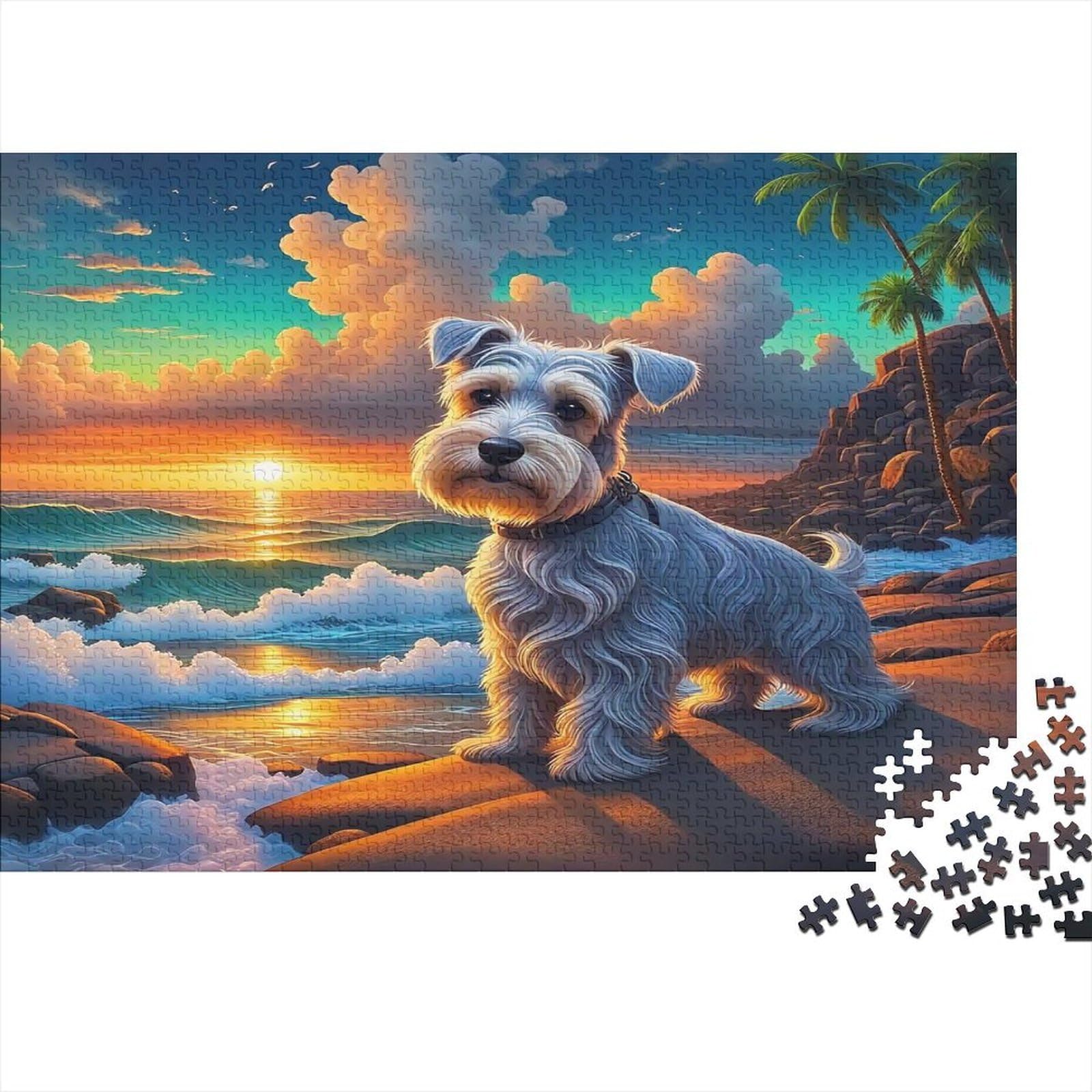 Schnauzer Sunset Puzzle for Adults River Bank Dog Puzzle 1000 Pieces Recycled Paper Age 12+ Challenging Home Decor Game Great Birthday Gift for Family 70x50cm/1000pcs