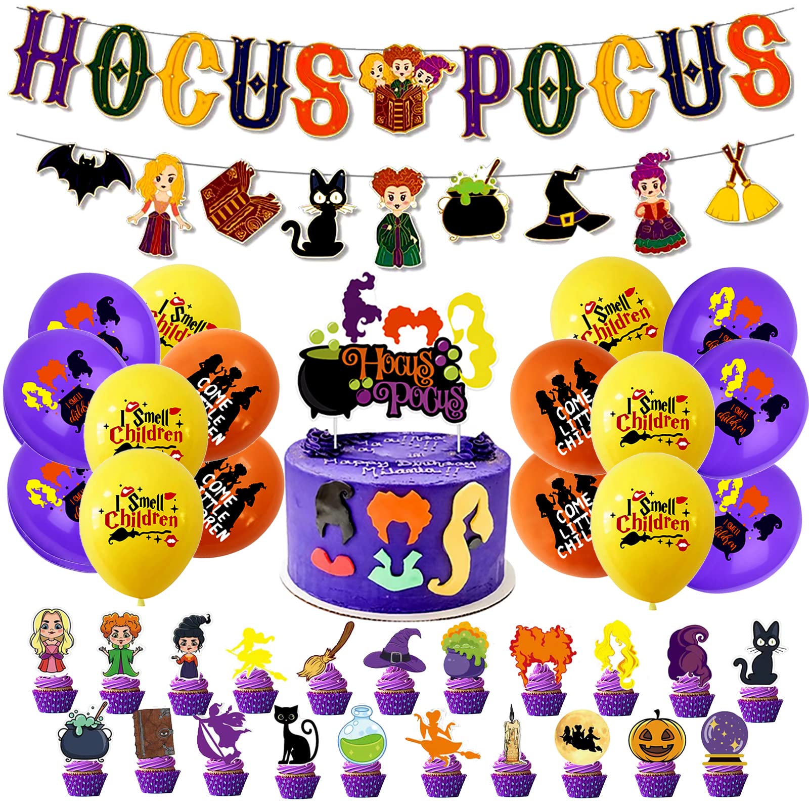 Hocus Pocus Party Supplies,Hocus Pocus Party Decorations Included Hocus Pocus Banner Balloons Cake Topper Cupcake Toppers for Halloween Hocus Pocus Birthday Party Decorations Decor Hocus-pocus