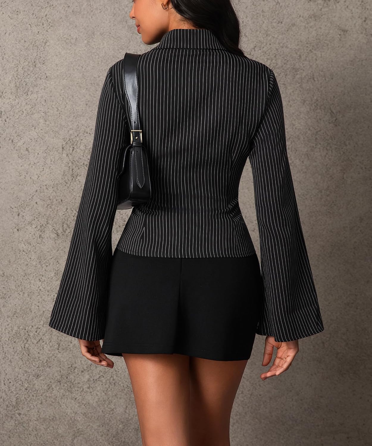 Women Striped Fitted Button Down Shirts Bell Long Sleeve Shirt Office Work Blouse Tops - Image 3
