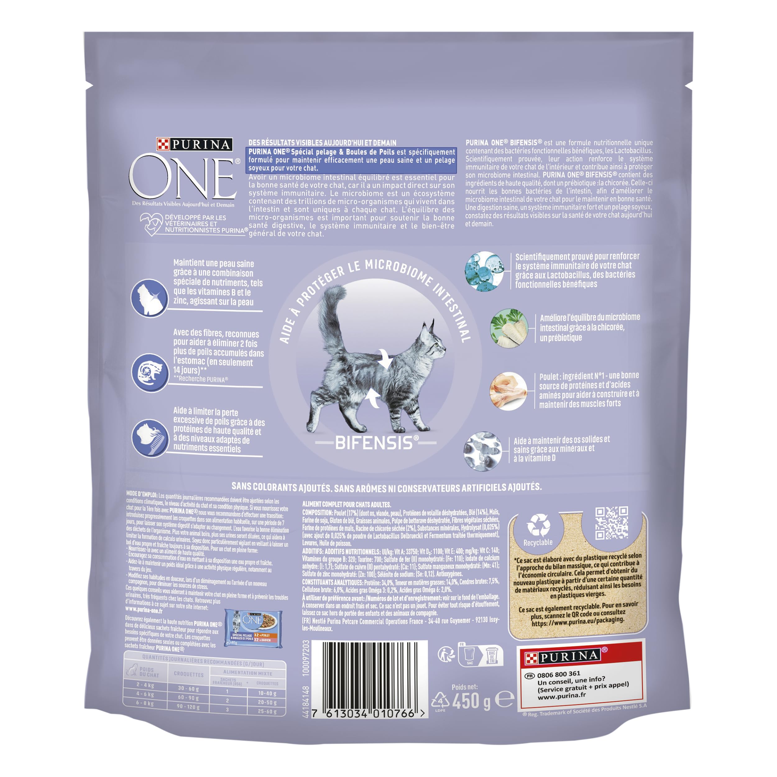 PURINA ONE Bifensis Peeling & Bombki do sierści Kompletne karma z kurczakiem i płatkami zbożowymi dla dorosłych kotów 450 g saszetki na posiłki | Zestaw 10 szt