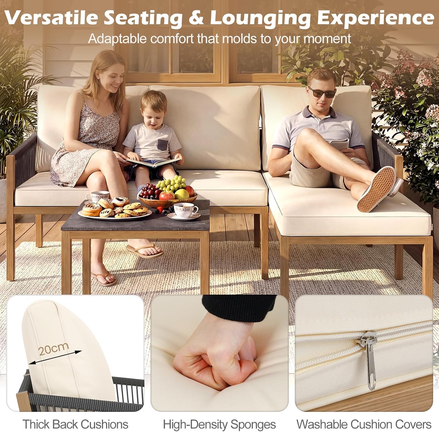 FANTASK Lounge Möbel Outdoor, Gartenmöbel Set 3-teilig mit Tisch & Kissen, Sitzgruppe für Garten, Balkon & Terrasse, ideal als Balkonmöbel & Terrassenmöbel