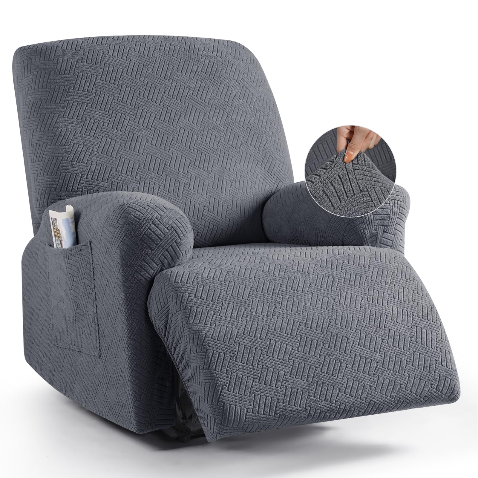 KinCam Relax Reclining Armchair Cover, Jacquard Relax Armchair Cover, Elastic Cover with Pocket for Dogs and Pets, Soft and Washable, Sofa Cover 1 Seater Dark Grey
