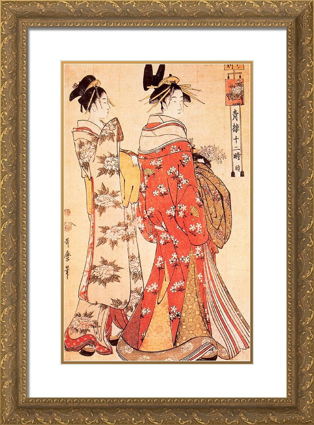 ArtDirect Utamaro, Kitagawa 18x24 Gold Ornate Framed Art Print with Double Matting Titled: Illustration From The Twelve Hours of the Green Houses