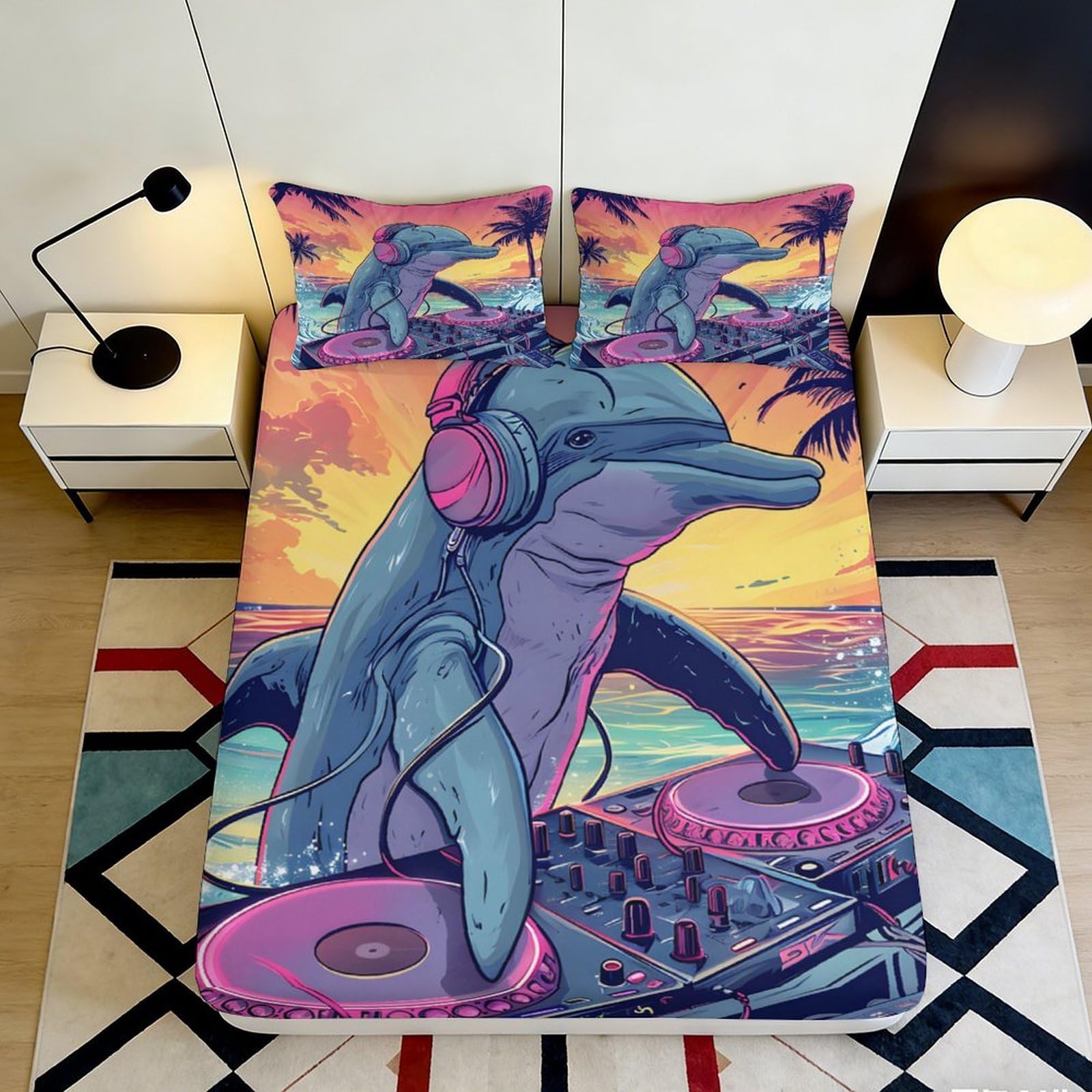 3D Printed Music Dolphin Fitted Sheet Microfiber Deep Pocket Non-Slip Bedding Set Music Theme Mattress Fitted Cover Washable 200x200x25cm 90x200x25cm