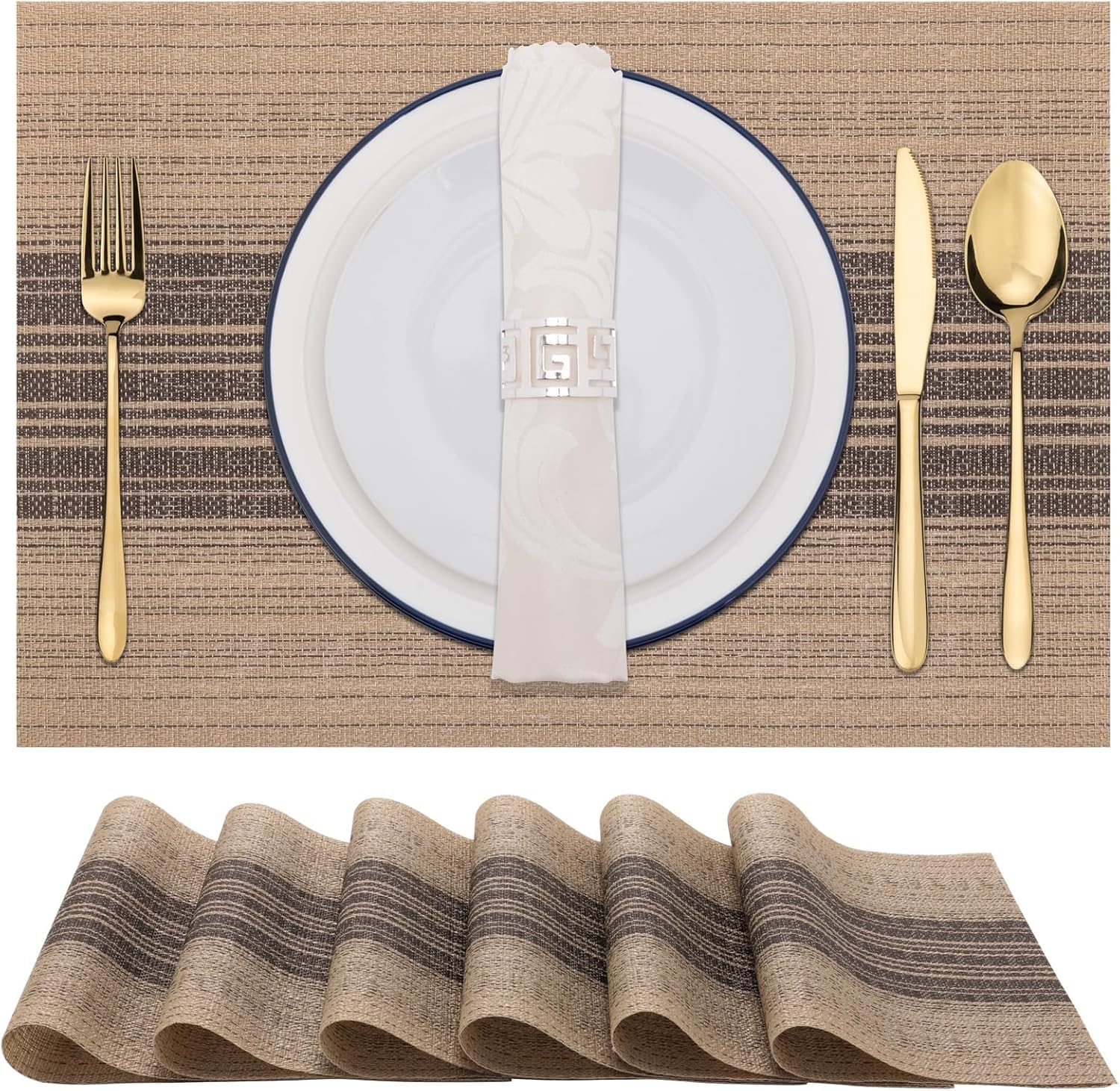 KONSSE Placemats Dining Table Place Mats | Placemats Table Mat PVC Material | Non-Slip Heat Resistant | Dining Tablemates Washable Anti-Skid | Size 45 x 30cm (6 PCS Square Gold) — Amazon image 22