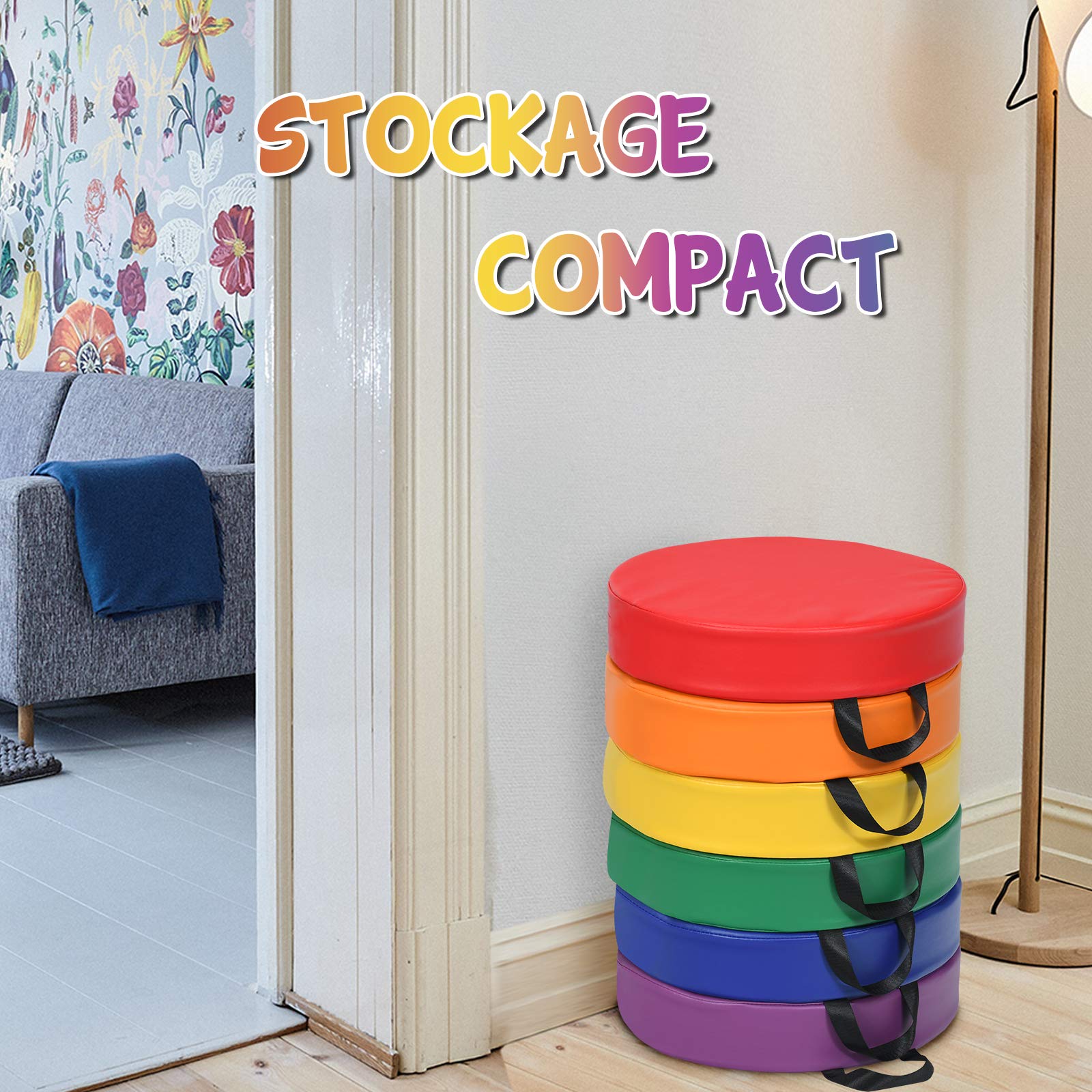 COSTWAY Lot de 6 Coussins de Chaise Enfant avec Poignées Portable, Coussins d'assise Rond 38 x 38CM Multicolores avec Fermeture Éclair & Surface en PU, Coussins de Siège Imperméable