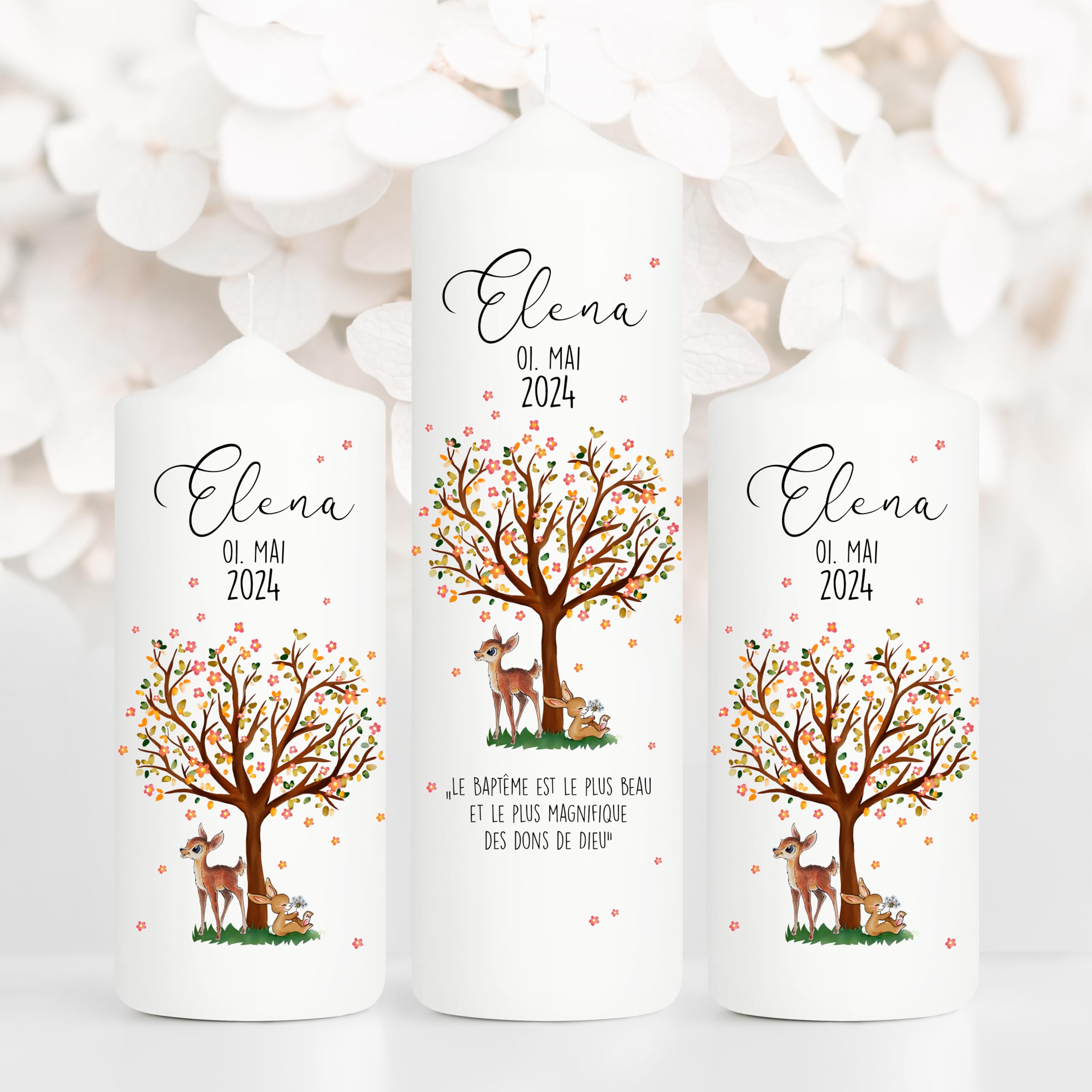 Bougie Baptême personnalisée Fille Garçon motif Arbre, Faon et Lapin – Cierge Baptême avec prénom, date et message – Bougie imprimée – cierge personnalisé – 25 x 7 cm