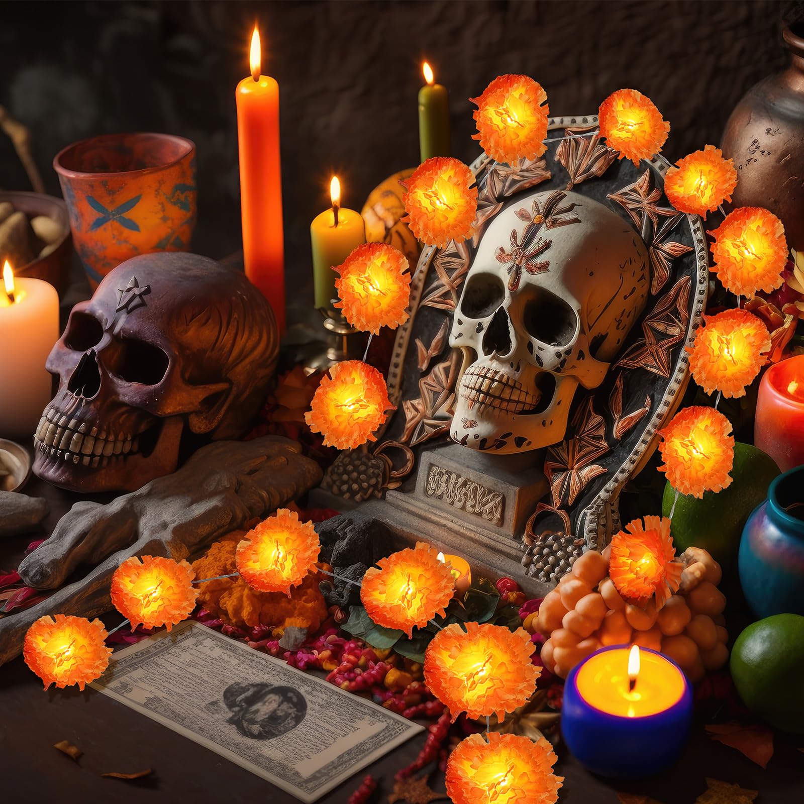 Girlanda nagietka na Dzień Zmarłych, 10 diod LED, sztuczne kwiaty nagietka, łańcuch świetlny Dia de Los Muertos, dekoracje na Halloween, Diwali, indyjskie przyjęcie, 6 sztuk (15 m, 10 LED)