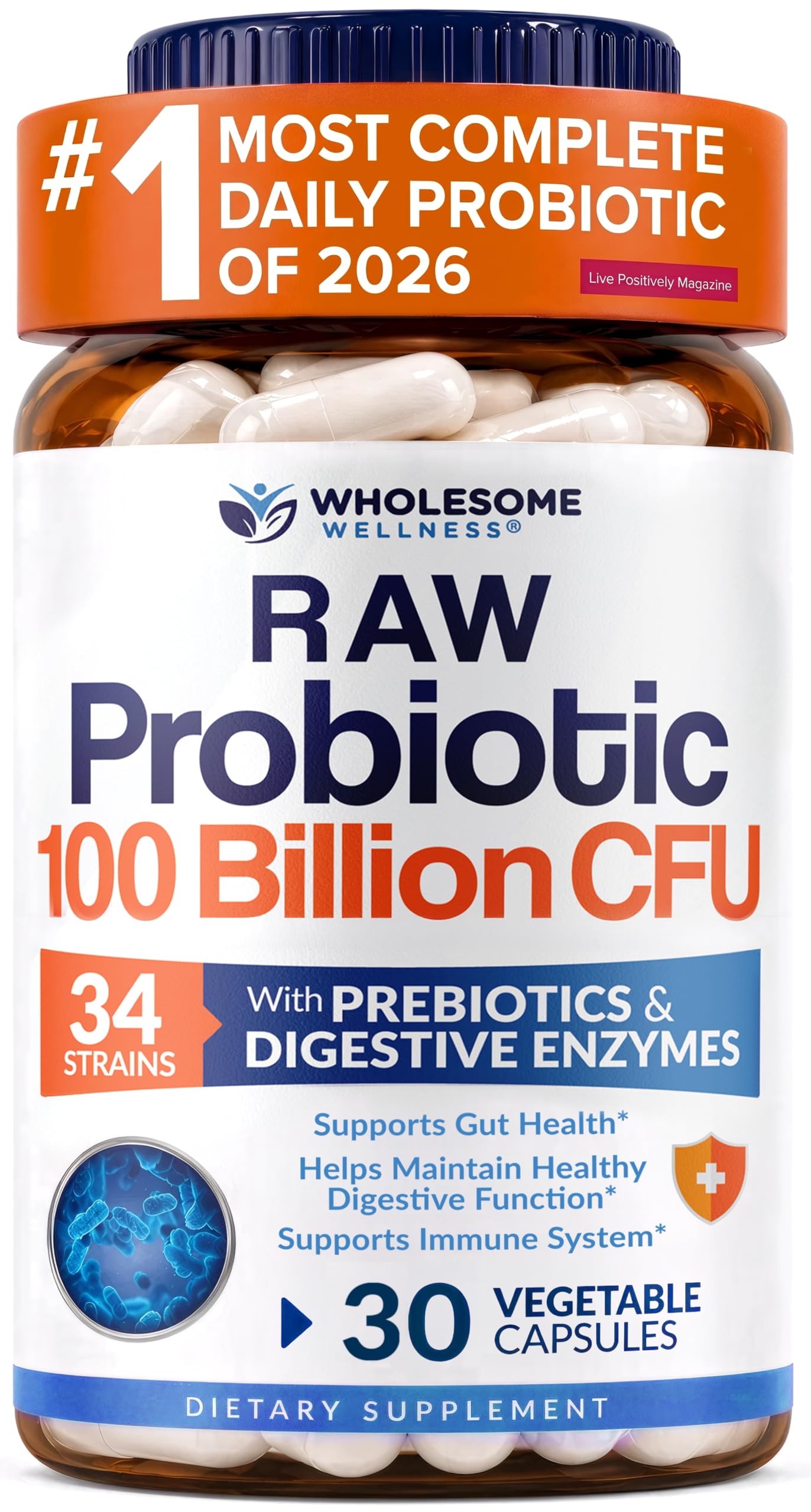 Wholesome Wellness Organic Raw Probiotics 100 Billion CFU, Dr Formulated for Women and Men, Complete Adult Supplement with Prebiotics, Probiotics and Digestive Enzymes; 30 Capsules