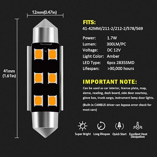 Miniatura 132 de AUXLIGHT DE3175 DE3021 6418 6411 211-2 212-2 578 569 Canbus Bombillas LED de luz interior sin errores 6000K Xenon Blanco, Super brillante 6SMD chips