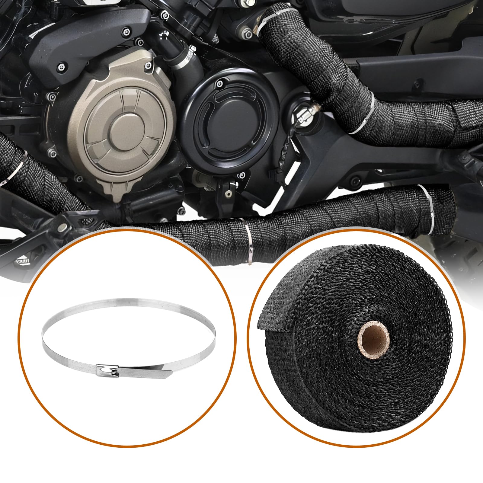 10M x 5CM Cinta Anticalorica Escape, Cinta de Escape Termica Moto Negro, Cinta Calorica Escape con 10 Bridas Inoxidable para Colectores de Escape de Moto y Coches También