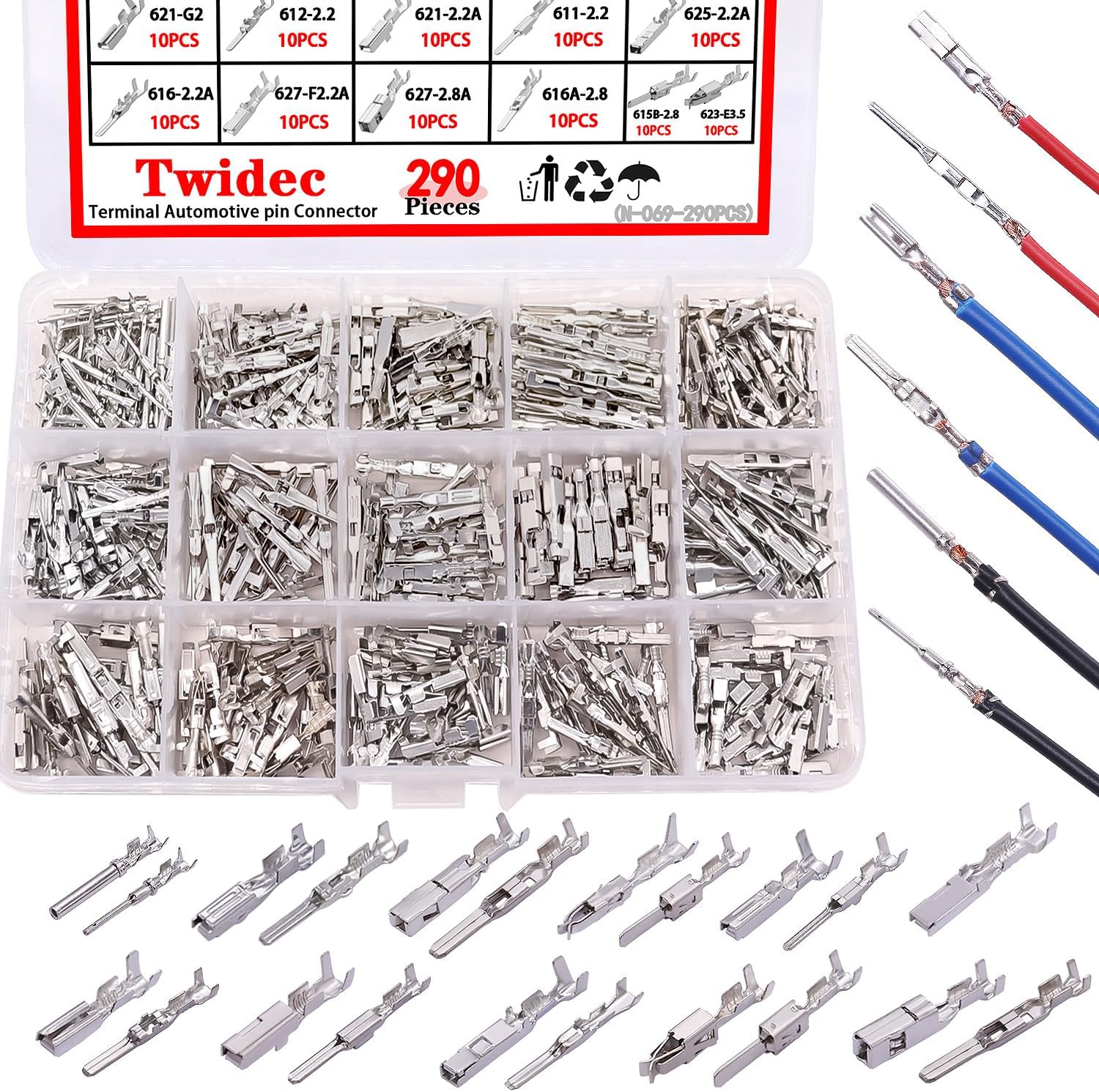 Twidec/290PCS Car Electrical Wire Terminal Pins Connector 1/1.5/1.8/2.2/2.8/3.5mm 21Type Connector Pins Terminal Auto Electric Connector Non-Insulated Plug Removal Male Female Crimp Pins