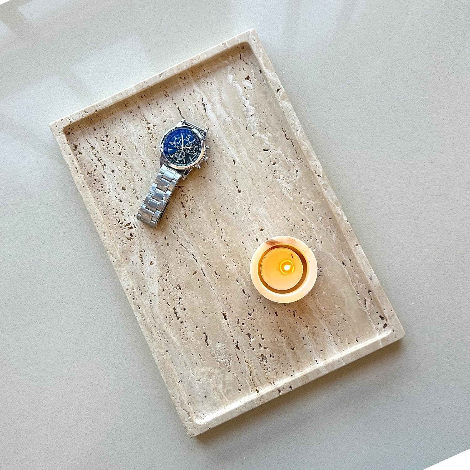 Real Natural Travertine Tray Genuine Marble Stone Tray for Coffee Table/Bathroom/Vanity (Beige Travertine, 12" x 8")