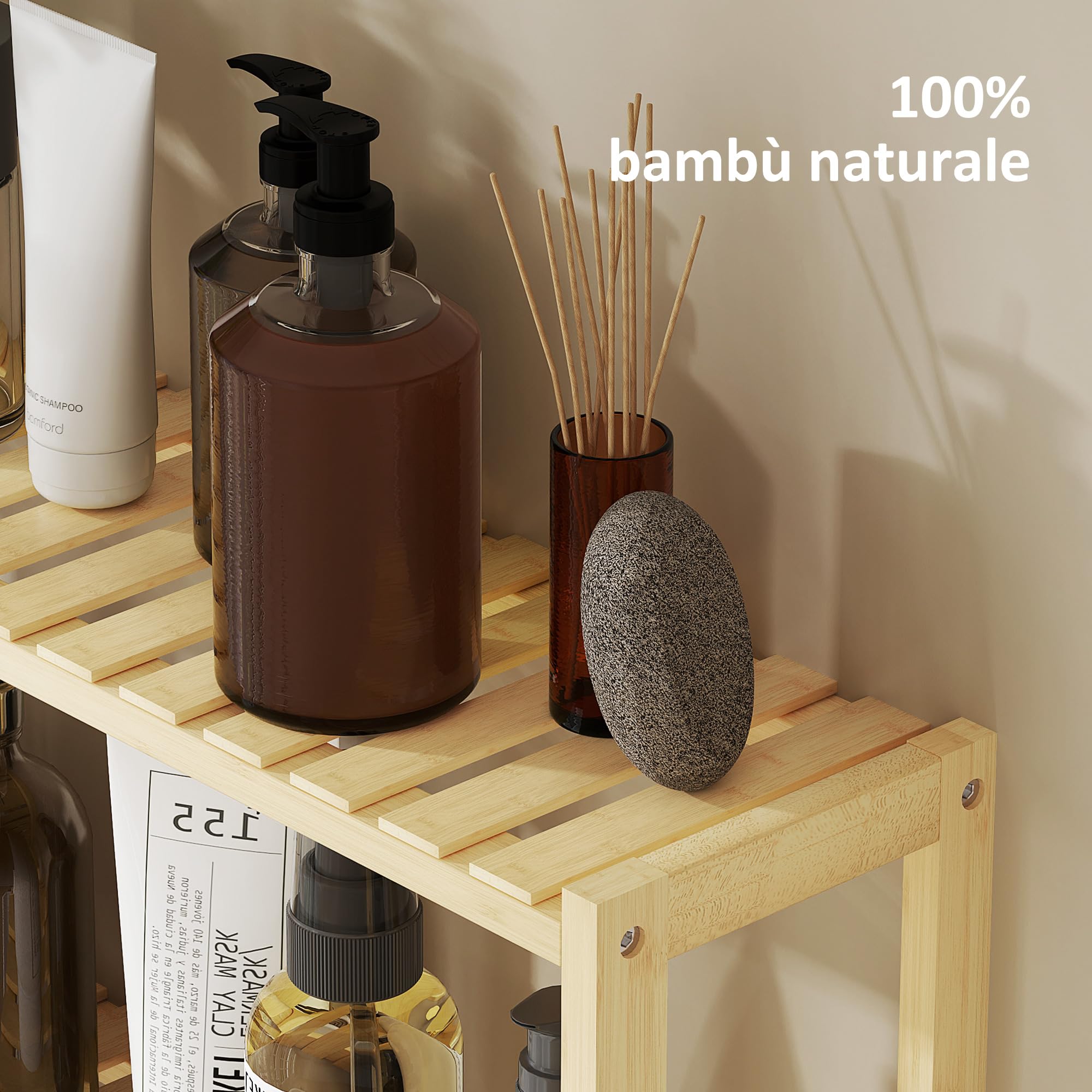 HOMCOM Scaffale da Bagno a 3 Ripiani Regolabili in 5 Livelli, Mobile Contenitore in Bambù a Parete o a Terra, per Cucina, Soggiorno e Bagno, 60x15x50 cm, Color Legno