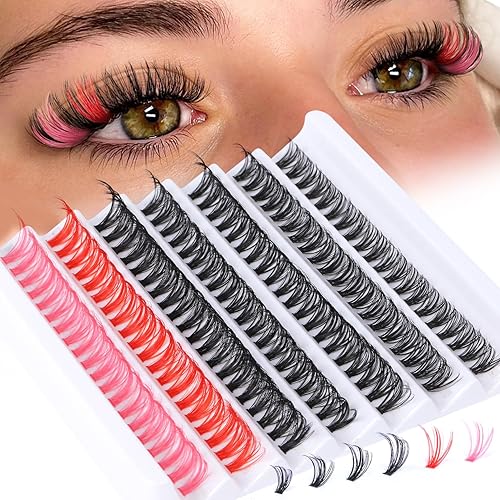 140 extensiones de pestañas de colores en racimo para bricolaje con colores, extensiones de pestañas en racimo de color rojo y rosa, extensiones de