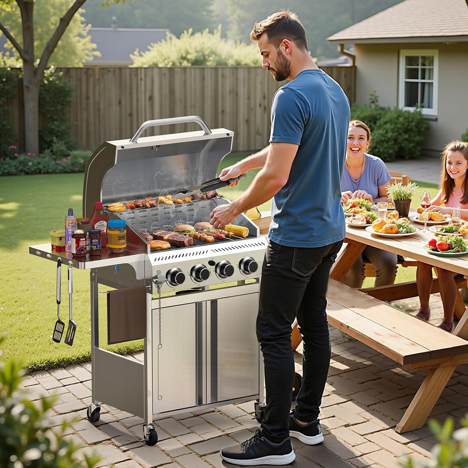 4-Burner Gas Grill,Propane Grill with Folding Side Tables,Heavy-Duty Thickened Stainless Steel Grill,32,000 BTU BBQ Grill for Outdoor Cooking,Barbecue,Garden and Patio Backyard
