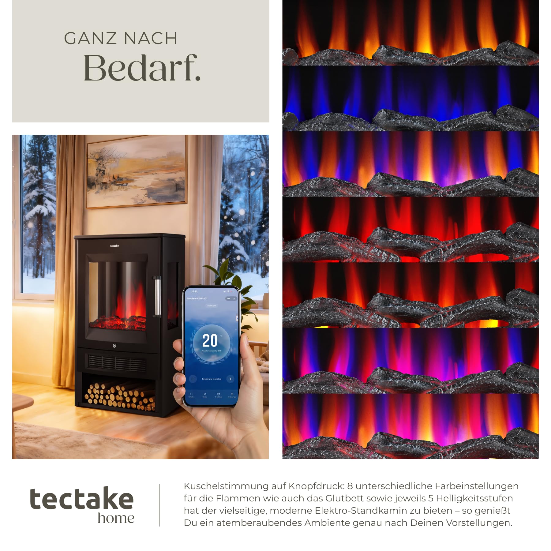 tectake® Elektrokamin mit 2 Heizstufen 900W/1800W, elektrischer Kamin mit 3D-Flammeneffekt Kaminfeuer in 8 Farben, Kamin mit Fernbedienung und Tuya-App-Steuerung, Timer, Elektro Kamin, schwarz