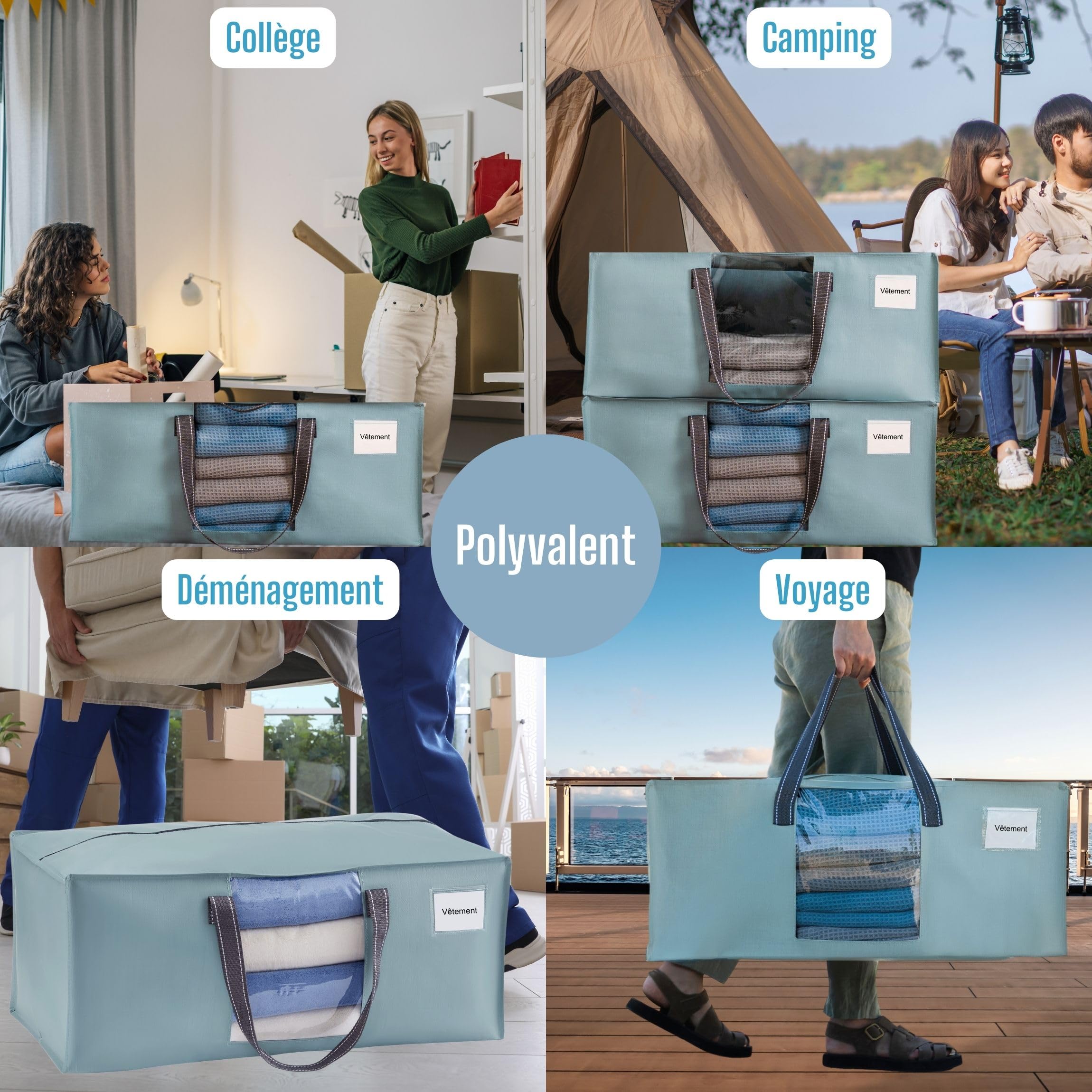 VENO Lot de 10 Sac Demenagement XXL (87L) avec Fenêtre de Visualisation et Poignées Solide, Sac de Rangement, Alternatives aux Cartons de Déménagement pour Vêtements et Literie (Bleu Clair)