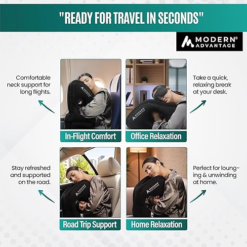 Miniatura 6 de Modern Advantage Almohada inflable de viaje para aviones con parte inferior adicional ajustable, soporte para la cabeza y la barbilla para evitar