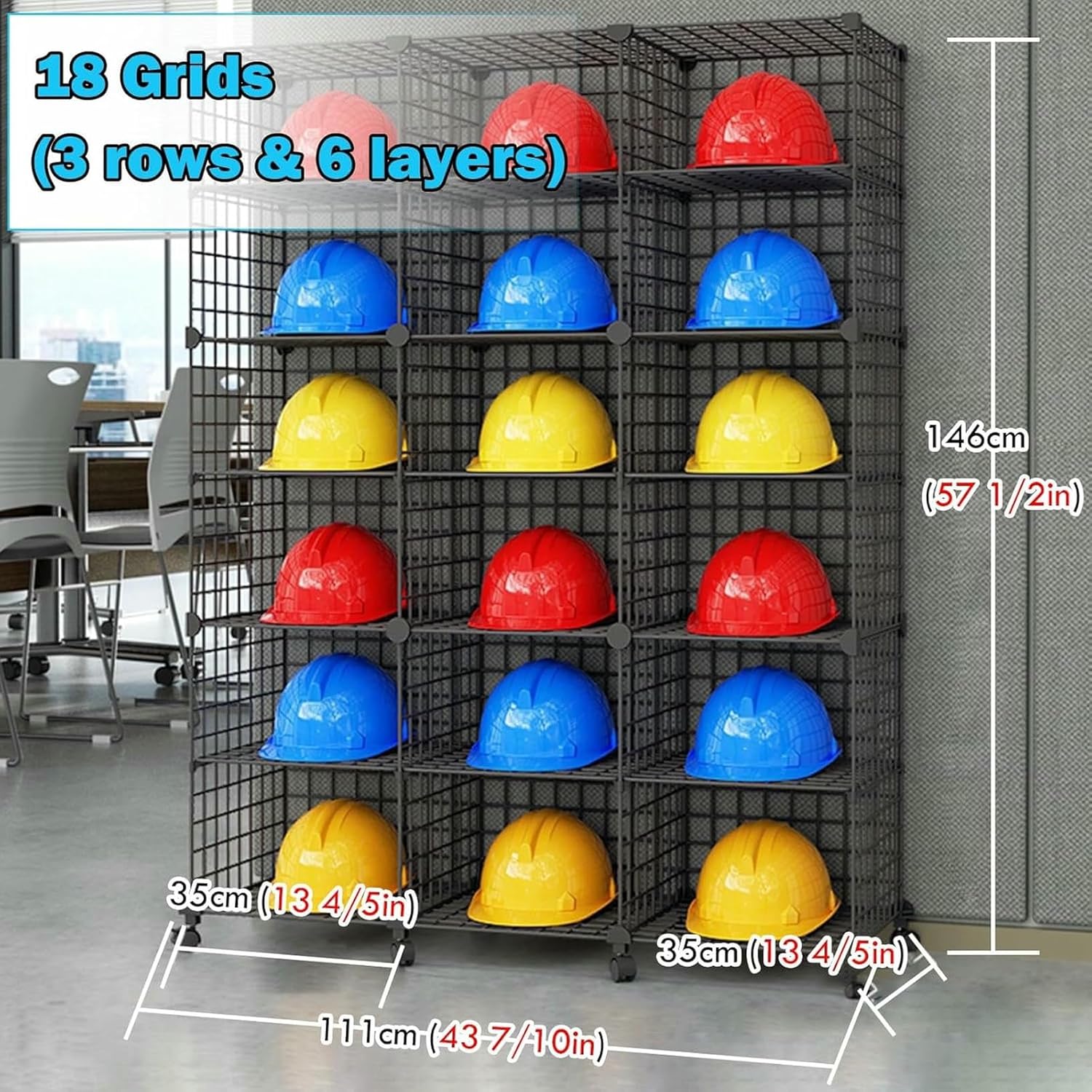 Freestanding Hard Hat Holder & Helmet Display Stand, 18 Grid Cube Organizer Rack with Wheels for Office, Living Room, Factory Storage