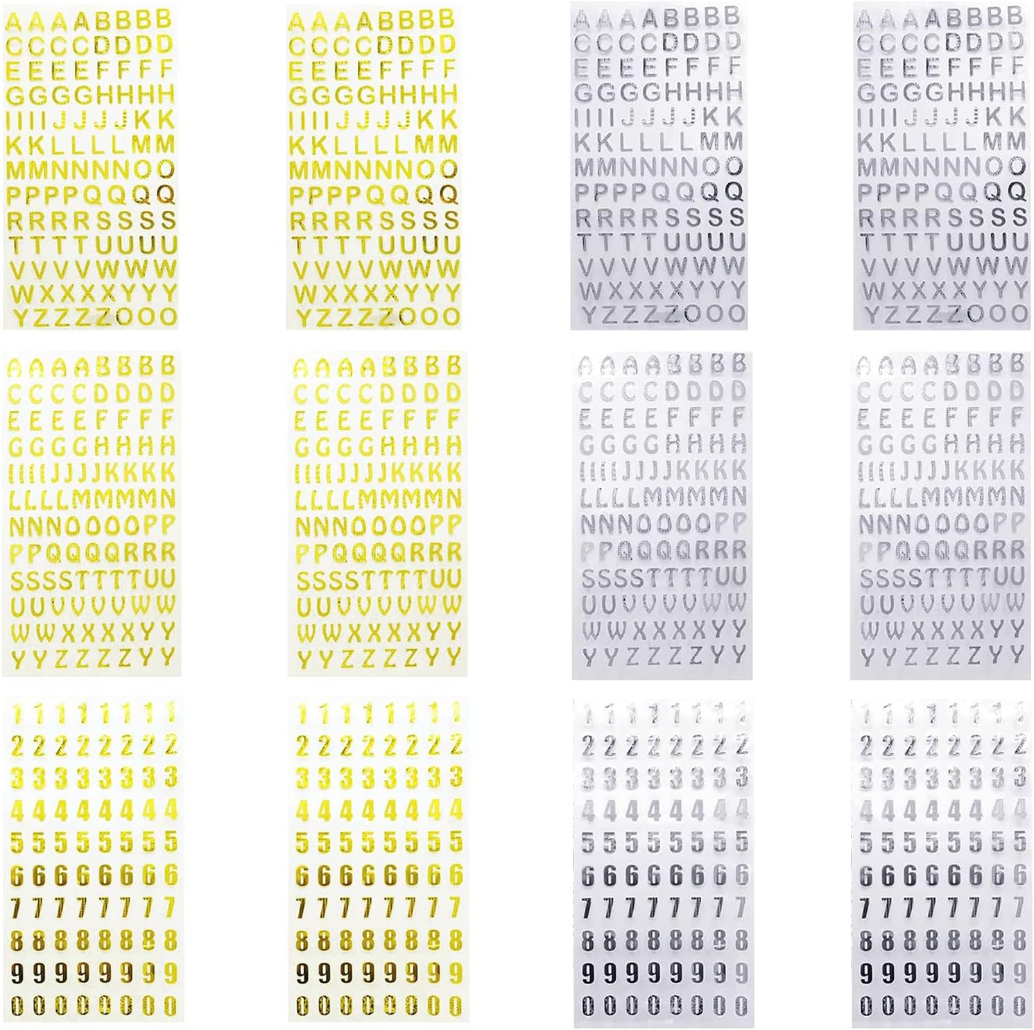 12 Sheets Mini Small 10mm / 0.4 inch Glitter Letter Gift Self Adhesive Alphabet and Number Stickers, for Scrapbooking Postcards DIY Crafts Small Kids GILR (Gold and Silver)