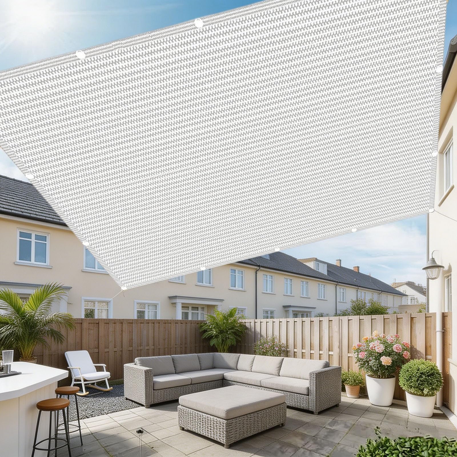Sonnensegel mit Ösen 4 x 5 m UV Schutz Luftdurchlässig Wasserdurchlässig Wetterfest Reißfest mit Ösen Gartenmasche Schattenplane für Balkon Terrasse Garten, Weiß