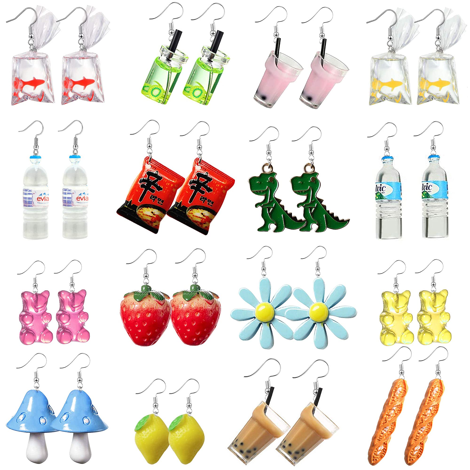 EIELO 16-40 Pairs Cute Funny Weird Earrings Boba Water Bottle Pearl Milk Tea Food Gummy Bear Fruit Mushroom Goldfish Earring Set Cute Funny Dangle Drop Earrings for Women