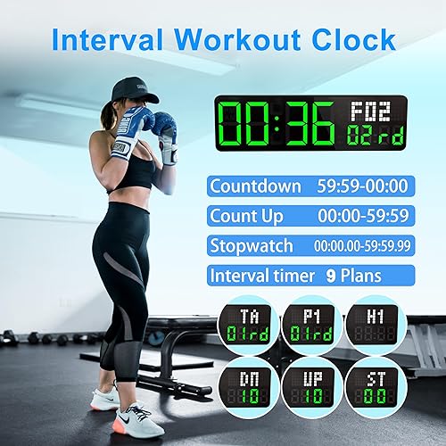 Miniatura 4 de Temporizador de gimnasio, reloj de pared digital de 12 pulgadas con fecha de segundos para gimnasio en casa, 5 modos de visualización, 4 alarmas,