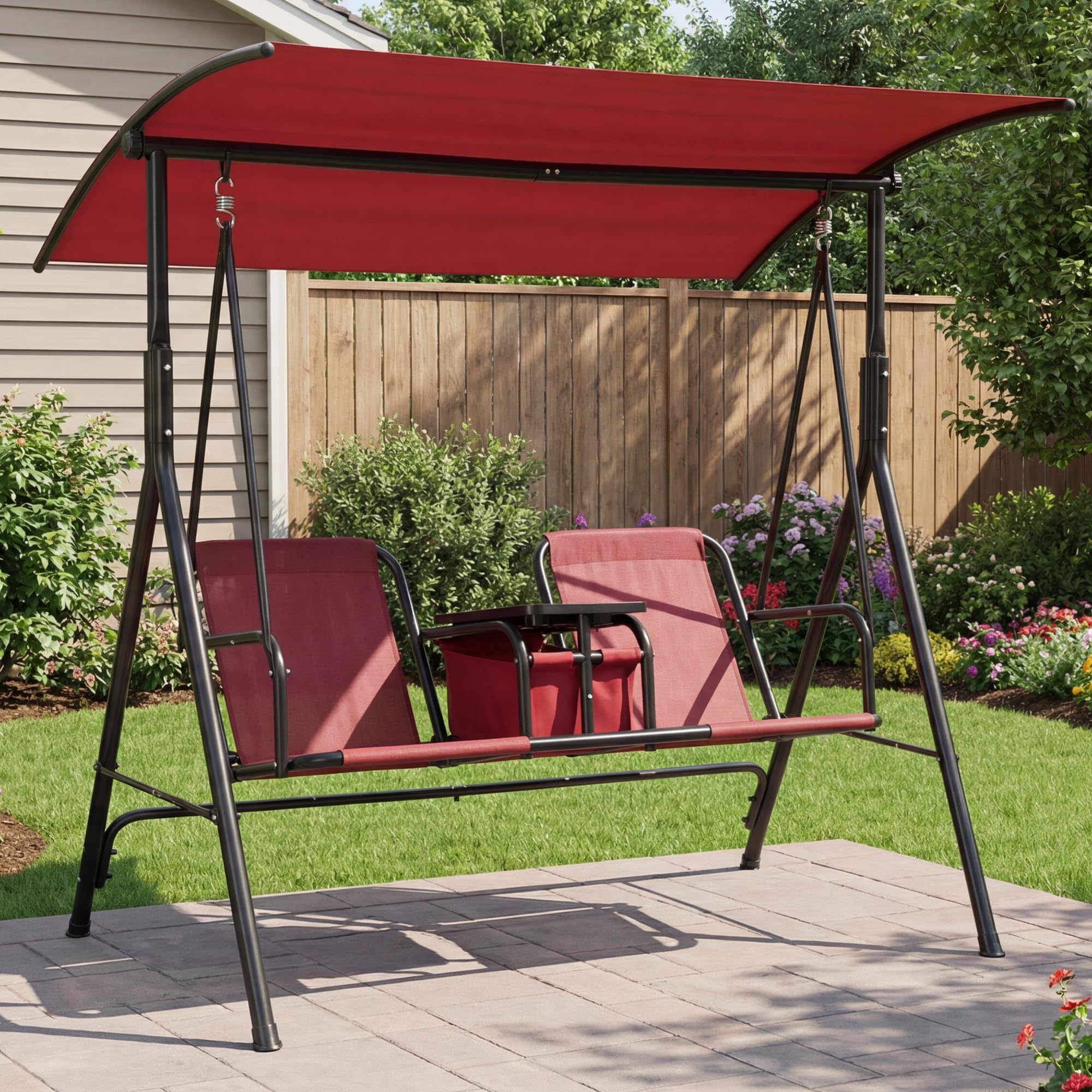 Balancelle de Jardin 2 Places avec auvent réglable – Tablette pivotante avec Rangement + Porte-gobelets – Sac Isotherme – Cadre en Acier Robuste (Bordeaux)