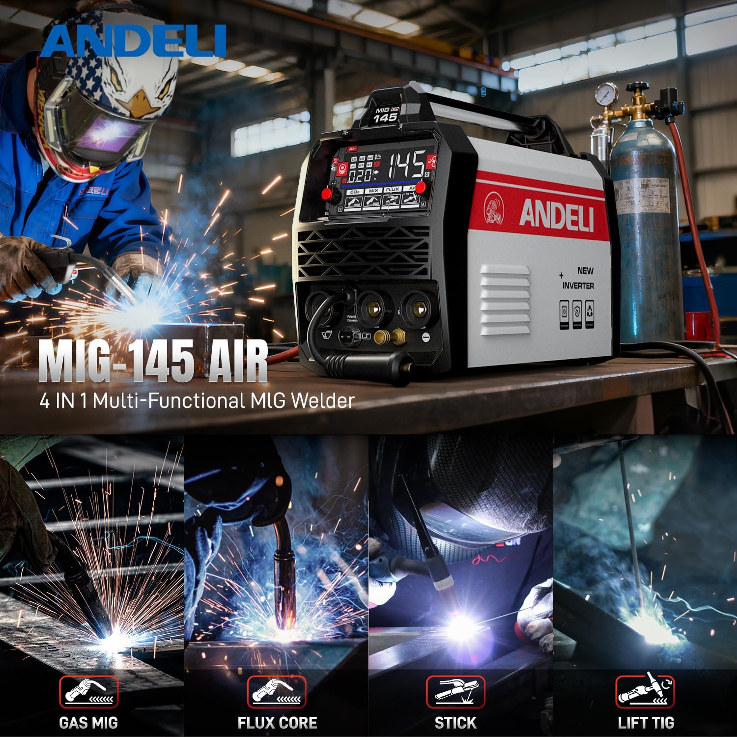 ANDELI MIG-145 AIR 4-in-1 Multiprocess Welder showing Gas MIG, Flux Core, Stick, and Lift TIG modes