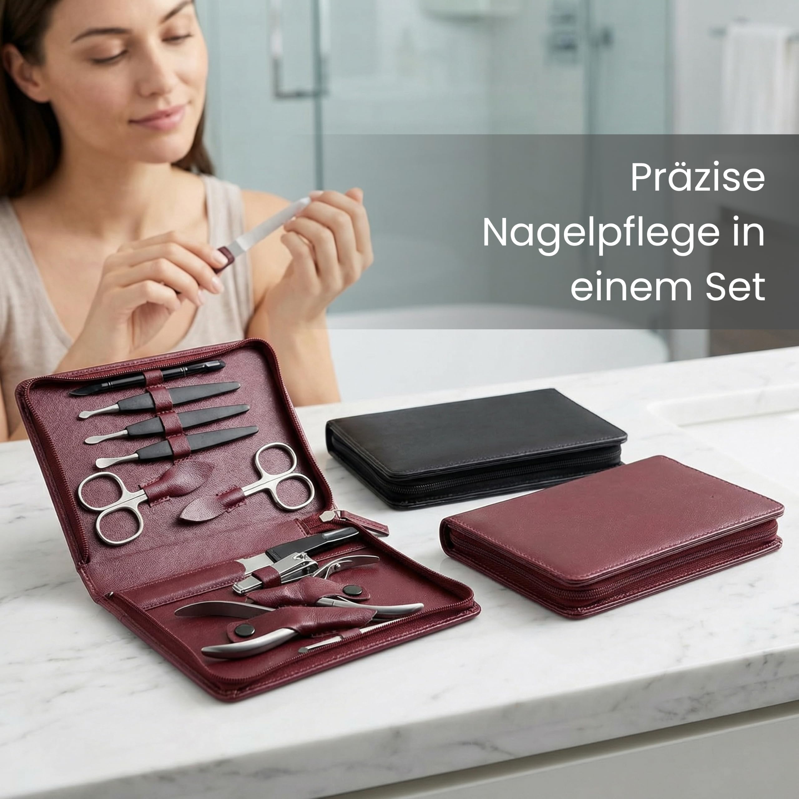 Sonnenschein by Hans Kniebes Maniküre Set 11-teilig Bordeaux - Manicure-Etui aus Nappa-Lammleder - Nagelschere Hautschere Nagelzange Pinzette Feile Knipser - Rostfreier Edelstahl