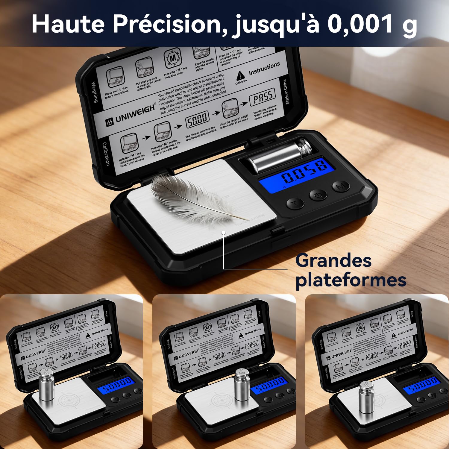 UNIWEIGH Balance de milligramme 50 g/0,001 g numérique de haute précision avec écran LCD/tare, 6 unités de micro-grammes pour poudre médicamenteuse, pièces de monnaie, or, rechargement – Poids Cal