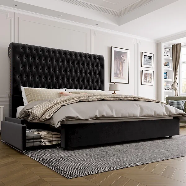 King Size Bed Frame 54" Tall Headboard with Gorgeous Button Tufted and Nail, Velvet Fabric Upholstered Bed Frame includes 4 Under-bed Storage Drawers, Wooden Slats, Noise-Free, Easy Assembly, Black