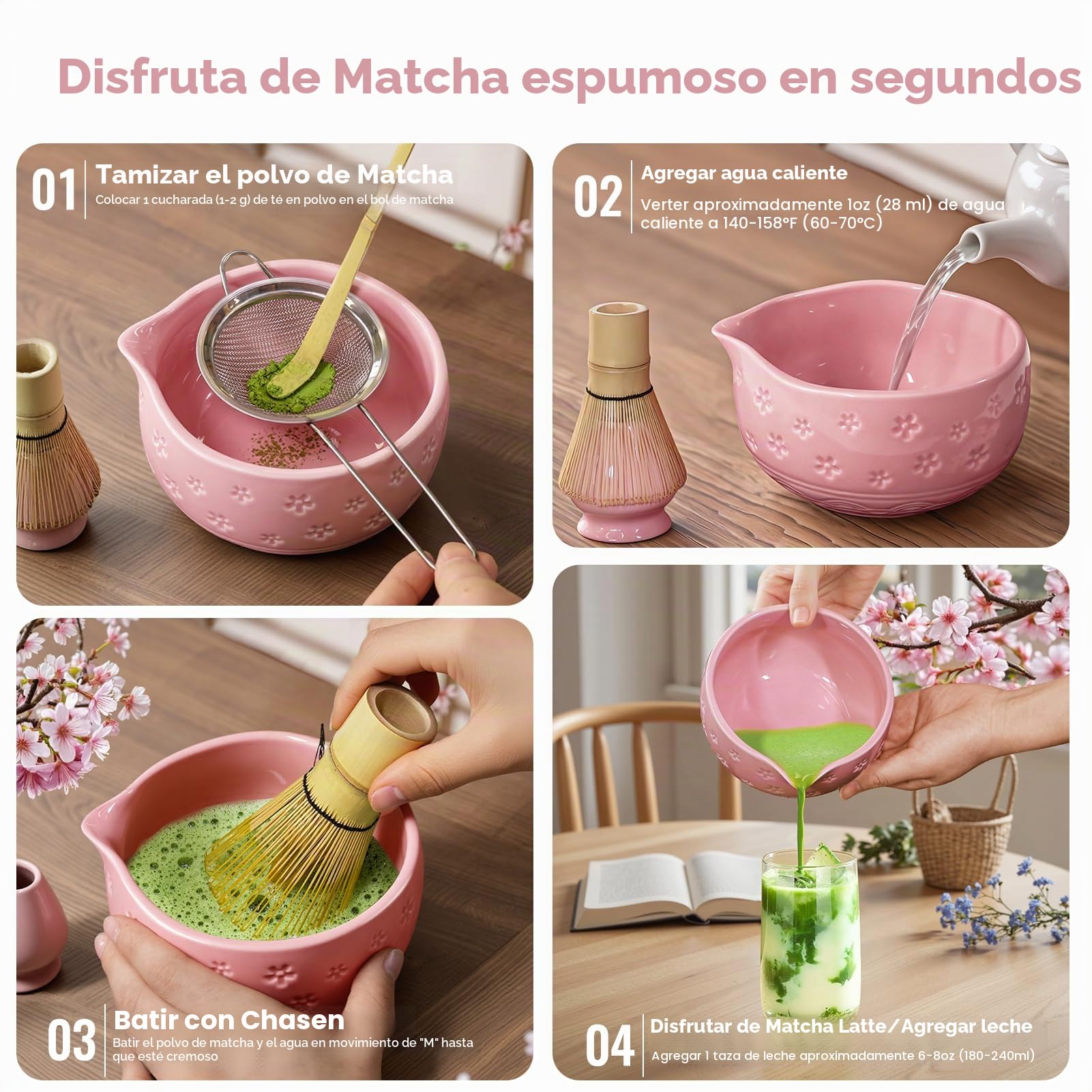 AANQQ Kit Matcha Rosa: Matcha Set 7 piezas - Cuenco de matcha con pico 560 ml - Chasen bambú matcha - Cuchara matcha y Colador de matcha Kit té matcha, Ideal para principiantes y amantes del matcha