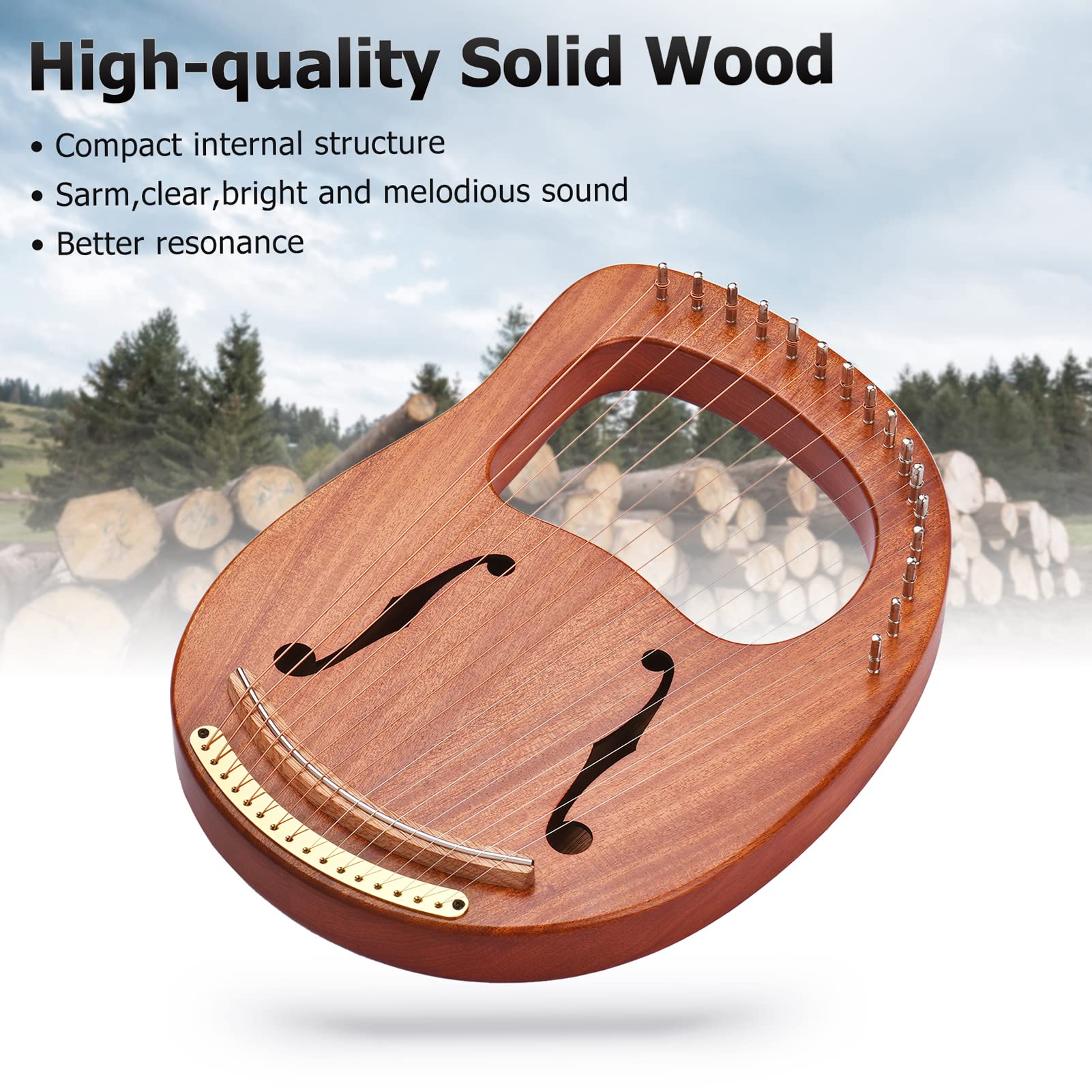 Arpa de lira, WH-16 Arpa de lira de madera de 16 cuerdas, cuerdas de metal, instrumento de cuerda de madera maciza con bolsa de transporte, llave de afinación, limpieza de cuerdas de repuesto, libro