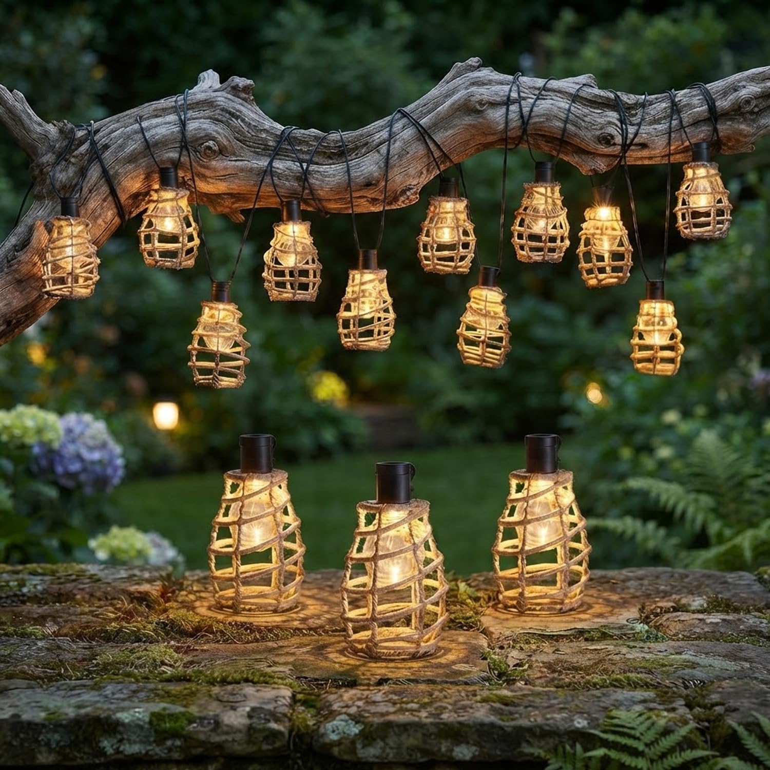 Solar String Lights Outdoor 10 LED Rustic Rattan-Inspired Hanging Lanterns