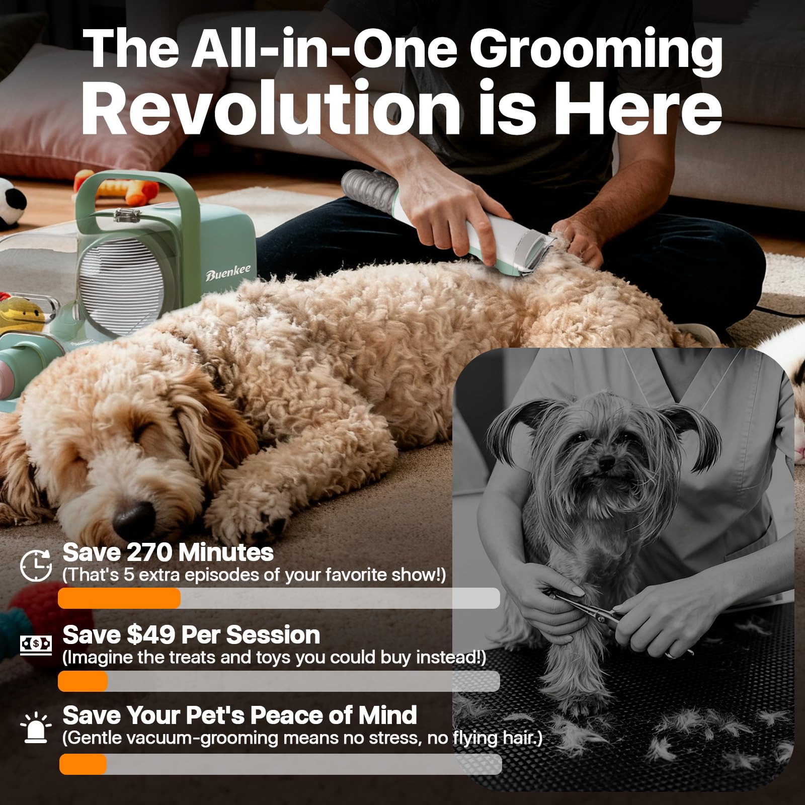 buenkee Kit de aseo para perros con aspiradora de aseo de mascotas, cortadora de perros, cepillo de aseo para mascotas, herramienta de limpieza en 1, aspiradora de bajo ruido para perros y gatos,