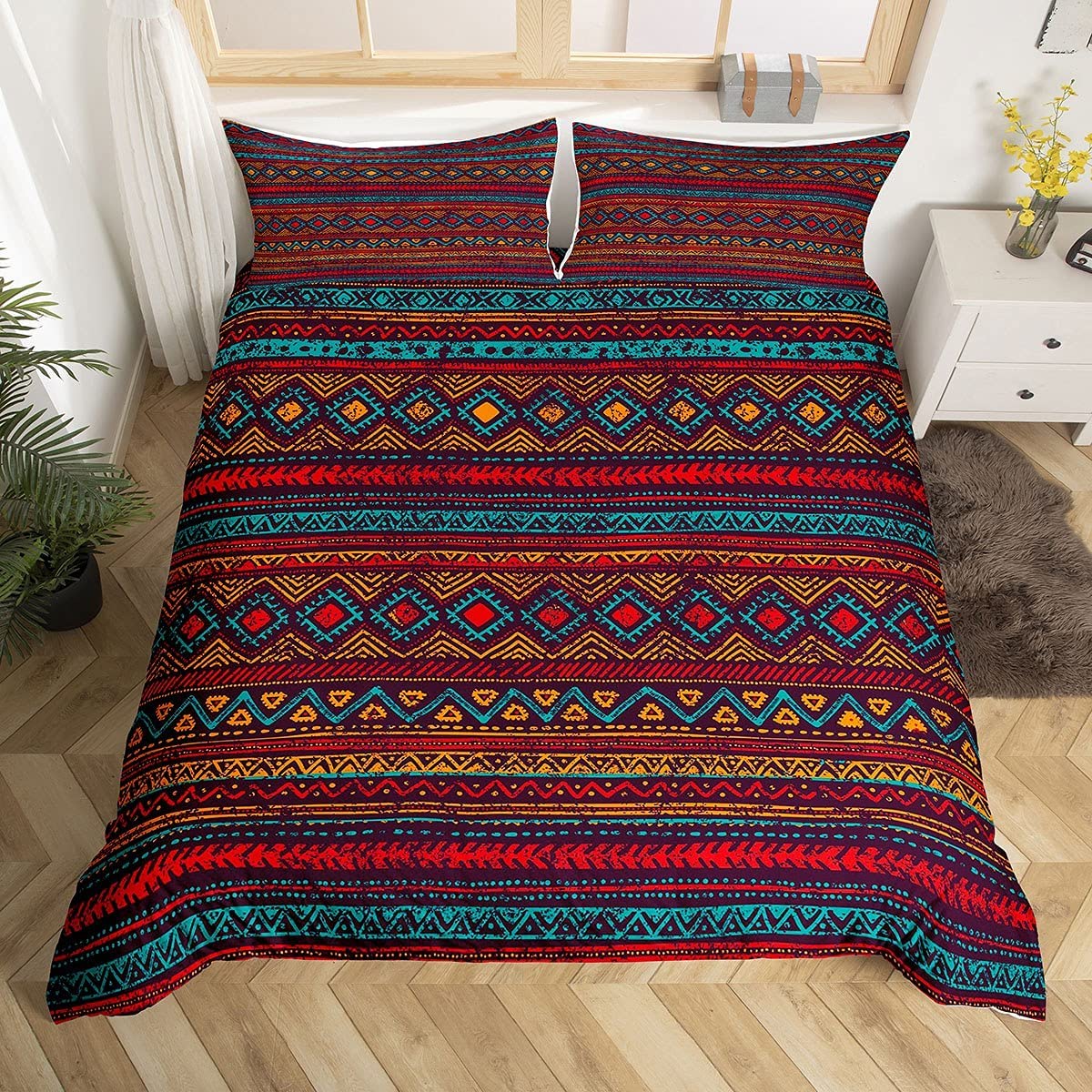 Loussiesd Multicoloured 28 Bohemian Duvet Cover Set Double For Teens Geometric Bedding Set Southwestern Comforter Cover With 2 Pillowcases Striped Ethnic Soft Microfiber Zipper Unique 3 Pcs Lightweight