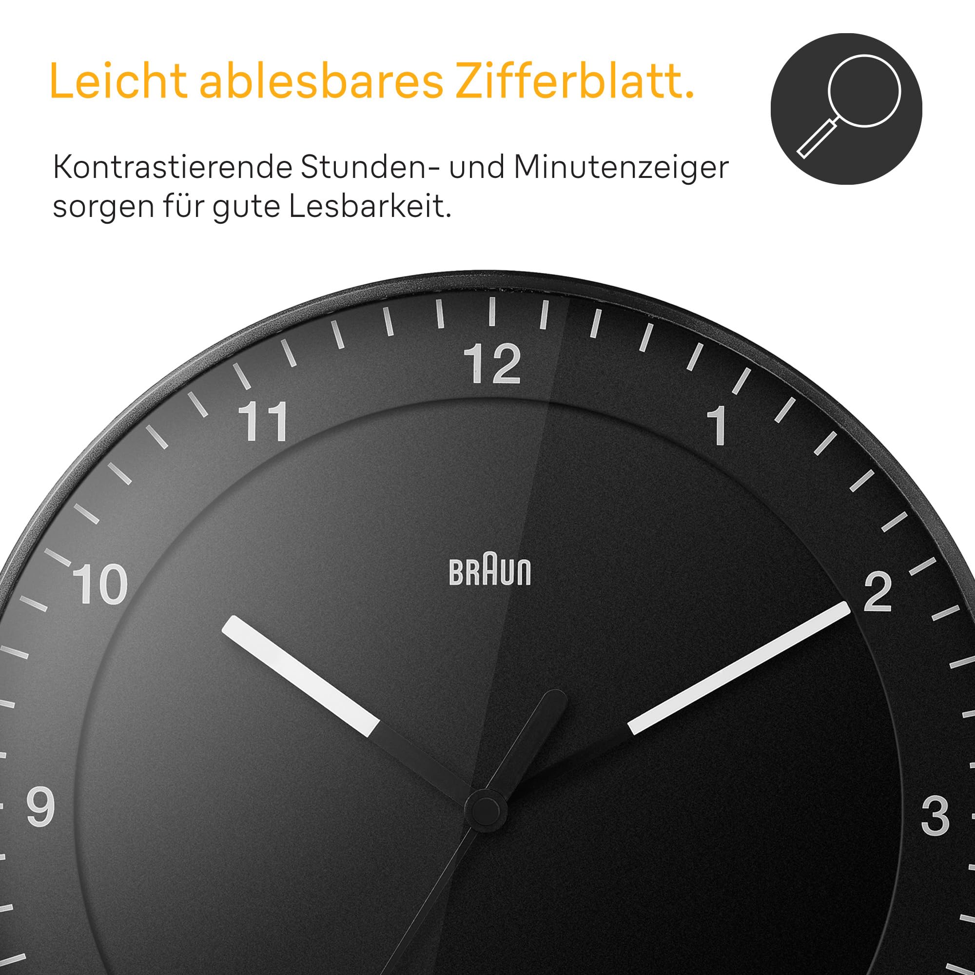 Braun klassisch große analoge Wanduhr mit leisem Uhrwerk, Einfach zu lesendes Zifferblatt, 30cm Durchmesser in schwarz, Modell: BC17B