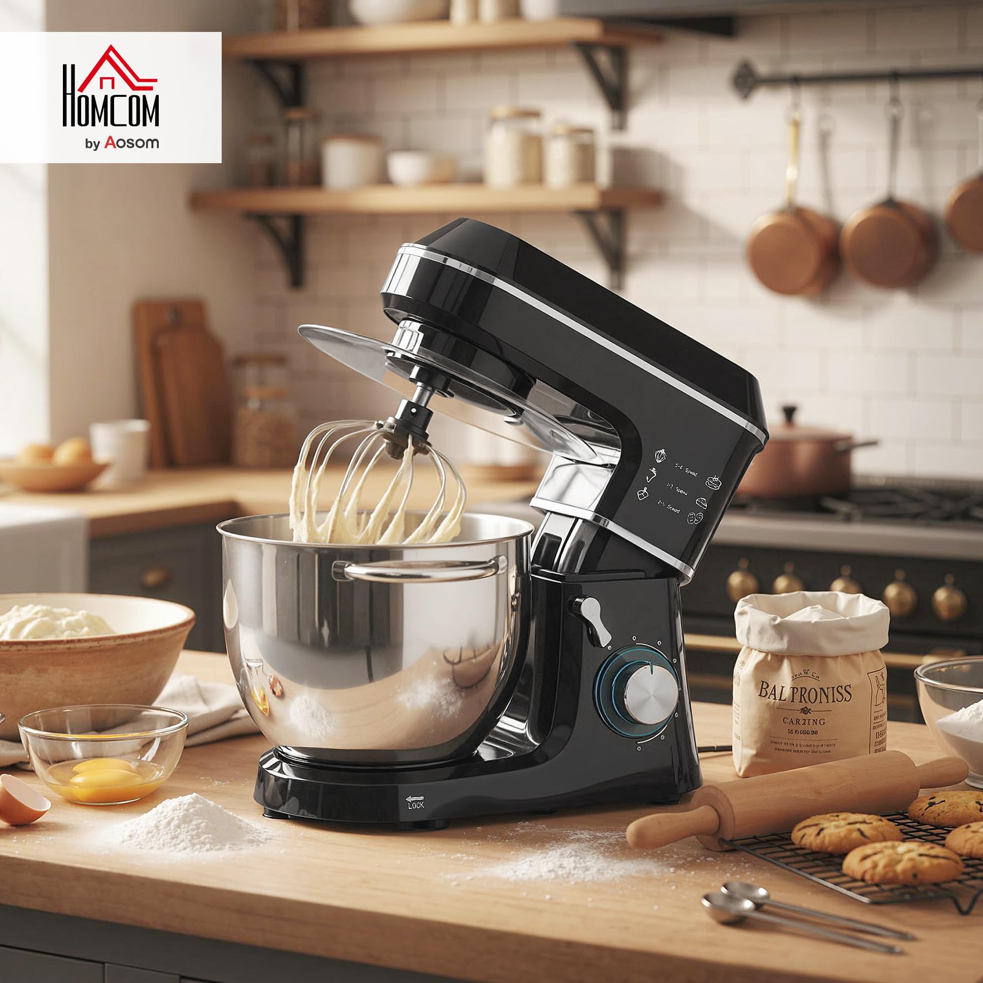 HOMCOM Impastatrice Planetaria con Ciotola Inox 7L, 1400W 6 Velocità Pulse, Testa Inclinabile, Planetaria Professionale Antiscivolo con Gancio Impastare, Frusta, Sbattitore, Paraschizzi e Accessori