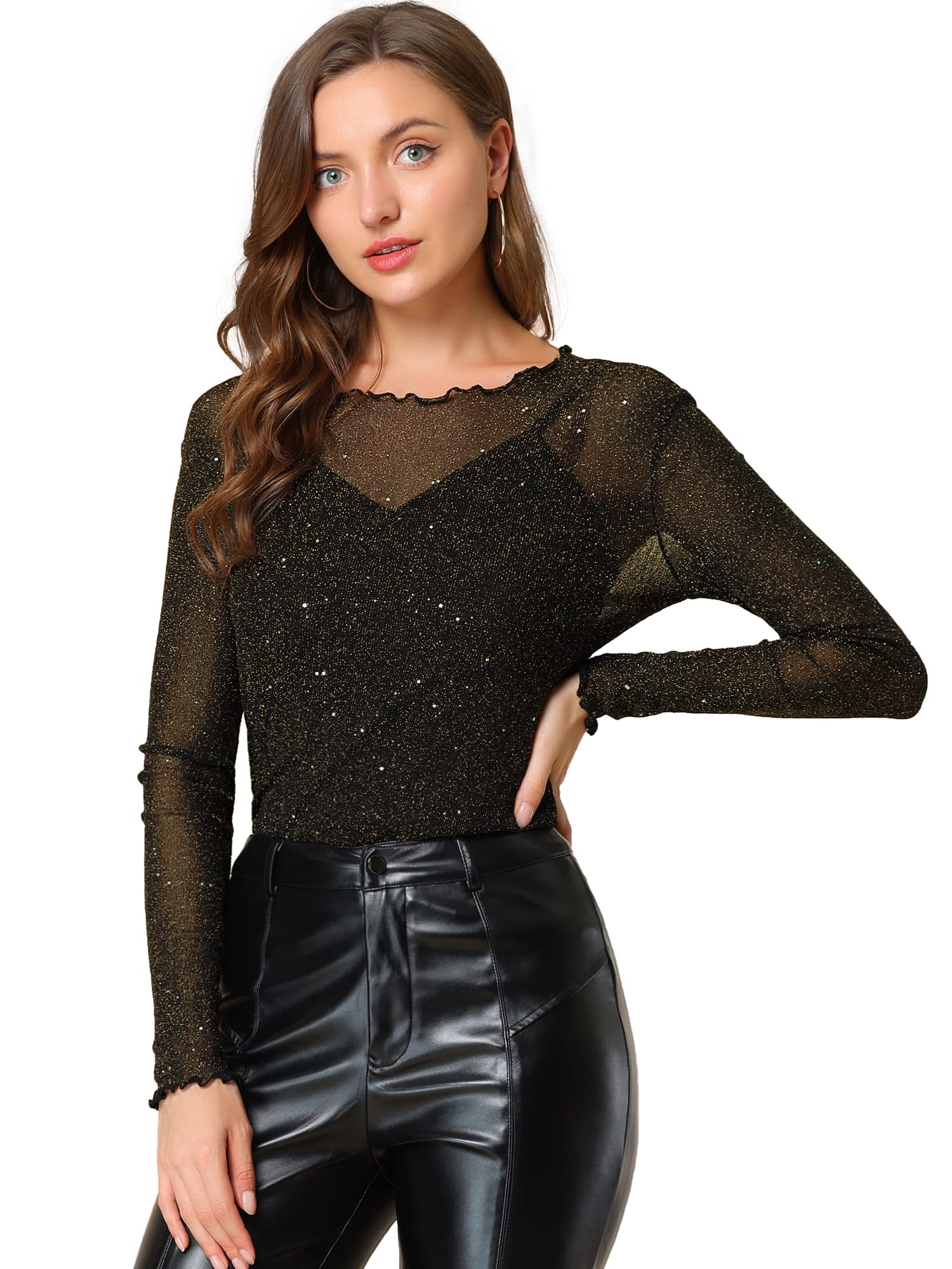 Allegra K Disfraz de Navidad Blusa Manga Larga De Fiesta Transparente De Malla Brillante para Disfraz De Halloween para Mujer con Camisola De Tirantes Finos