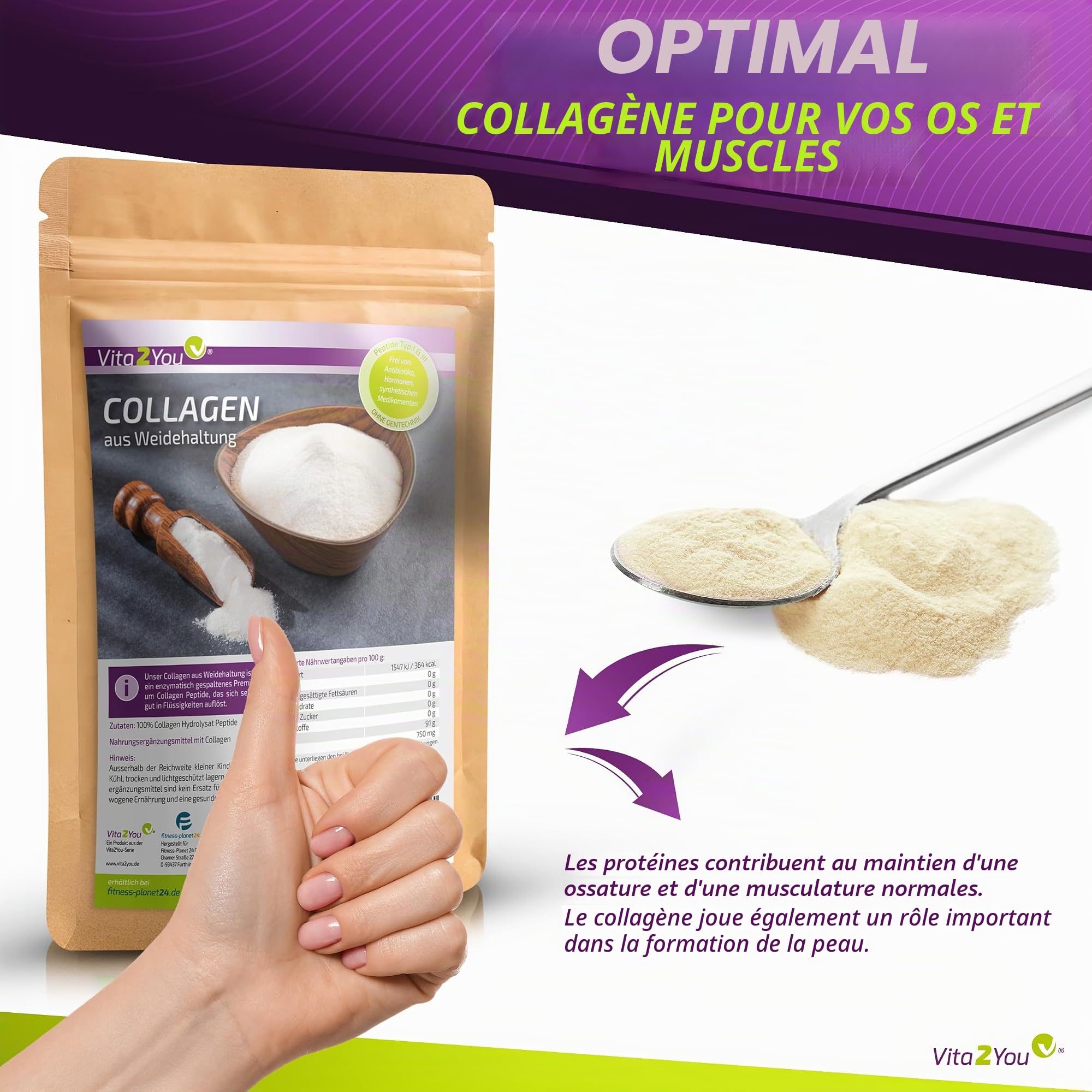 Vita2You Poudre de collagène 1 kg - Collagène bioactif - 100 % CollaSel Pro® - issu de l'élevage et de l'alimentation en herbe - Peptides hydrolysés de type 1 et 3 - Protéines - 1000 g - Qualité