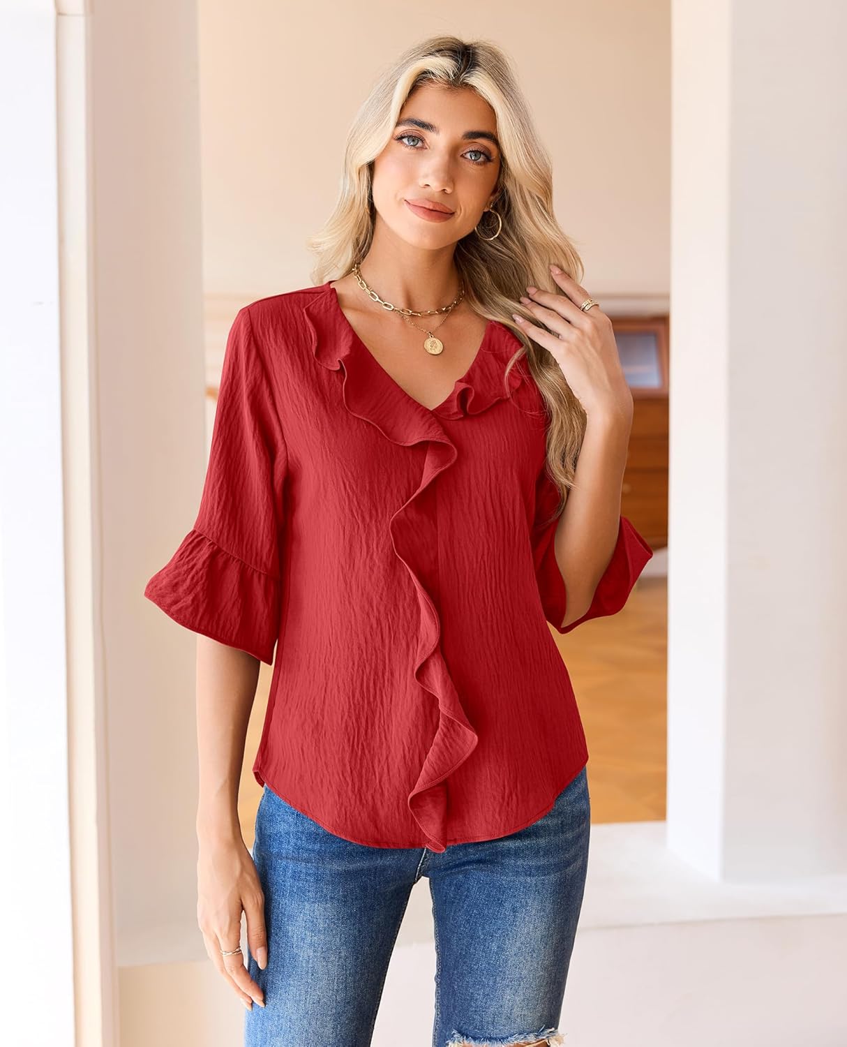 siliteelon Womens Blouses Dressy Casual 3/4 Sleeve Ruffle Bell Top Ladies Business Formal Work Shirt Spring Trendy 2026 - Image 2