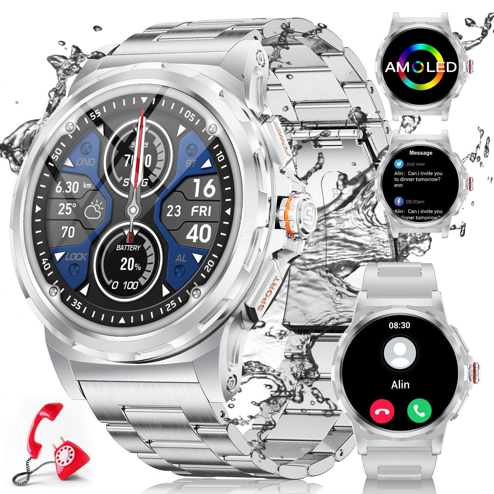 LIGE Reloj Inteligente Hombre, 1,43'' AMOLED 360mAh Smartwatch con Llamadas y Asistente Voz, 2 Correas, Pulsómetro/Monitor de Sueño/Podómetro, 129 Modos Deportivos Smart Watch Android iOS