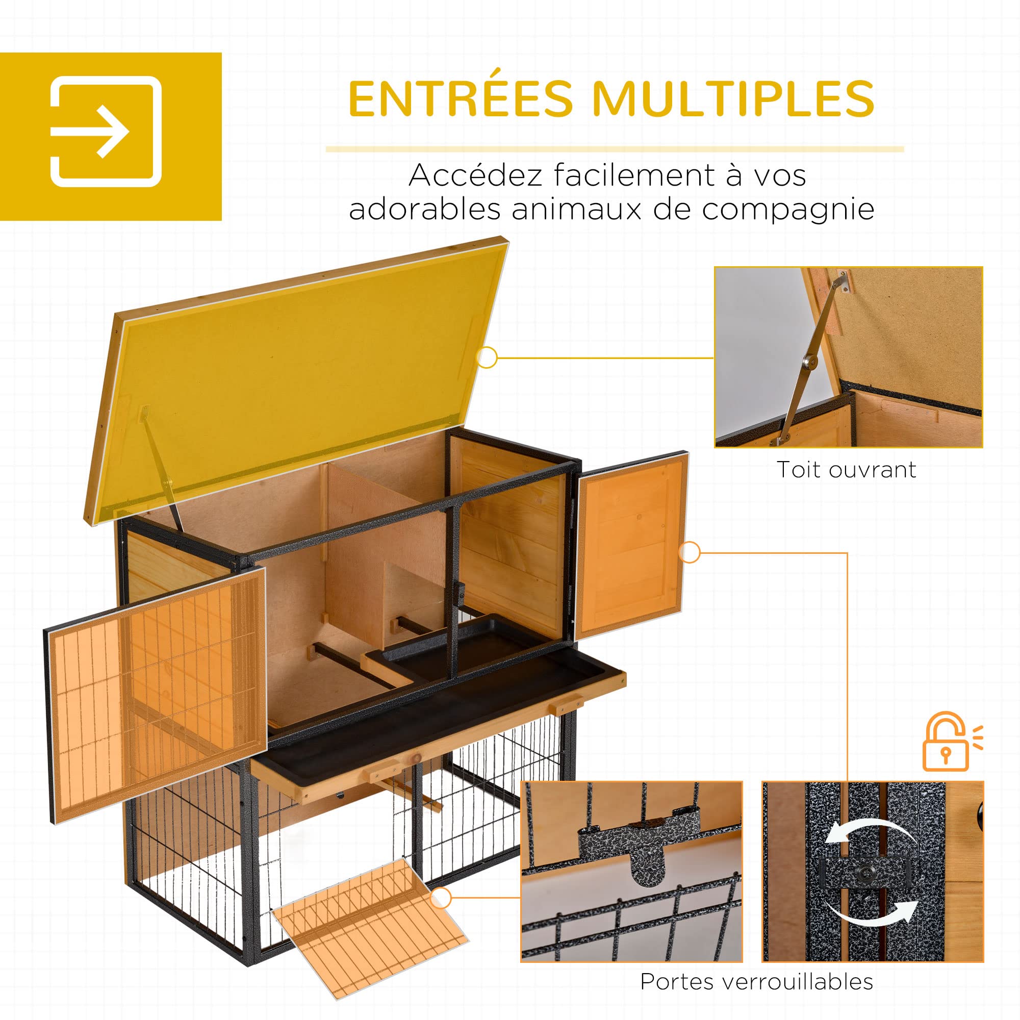 PawHut Clapier à Lapin Cage à Lapin 2 Niveaux 3 Portes verrouillables Rampe Toit ouvrant bitûmé métal époxy pin pré-huilé