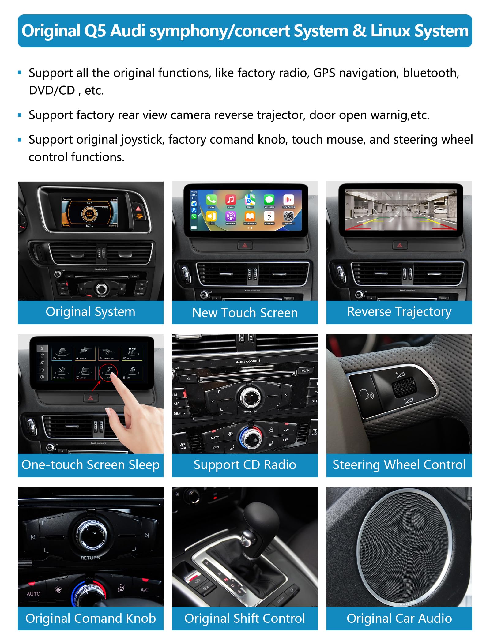 Car Radio 12,3 pollici touchscreen con Wireless Carplay e Android Auto per Audi Q5 2009-2017 con sistema 2G MMI+, supporta Mirrorlink, telecamera, navigazione