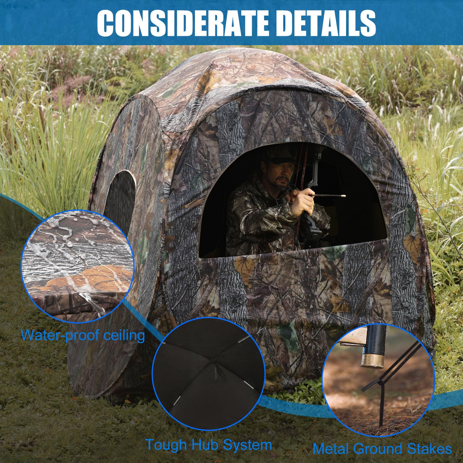 MOFEEZ Hunting Blind, 270°View with Tri-Leg Hunting Stool Chair 1-2 Pereson Ground Deer Blind Pop Up Tent with Portable Bag and Tent Stakes (Camo, 60 "Lx60 Wx64 H)