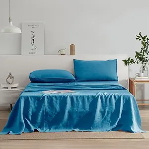 EVERLY Linen Twin Sheets Set, 100% Stonewashed French Linen Bed Sheets Deep Pocket Sheets, 3 Pieces (1 Flat Sheet, 1 Fitted Sheet, 1 Pillowcase) Natural Flax Bedding Set-Blue