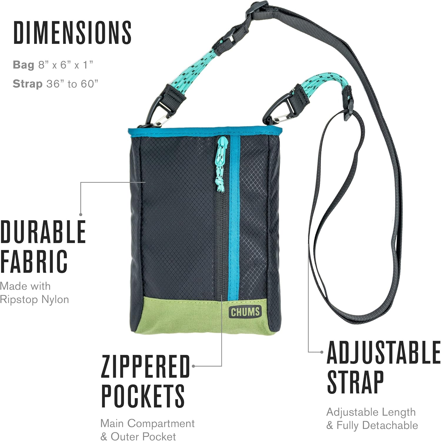 Chums Indio Sling Bag - Compact Nylon Crossbody Bag for Everyday Adventures - Purse w/Removable & Adjustable Straps - Travel Essential for Hiking, Camping, & More - Lime Green/Meadow Green - Image 5